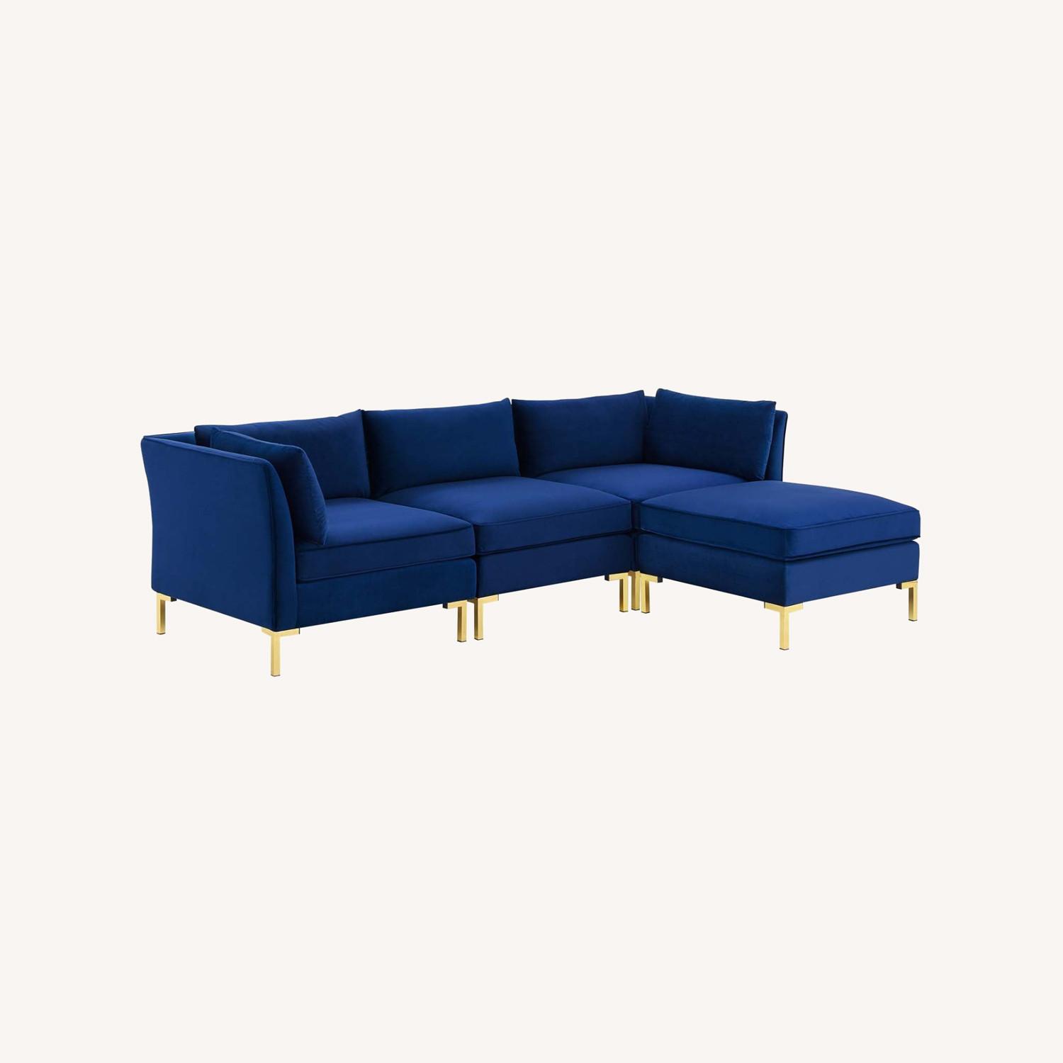 4Piece Sectional Sofa In Navy Velvet W/ Gold Legs AptDeco