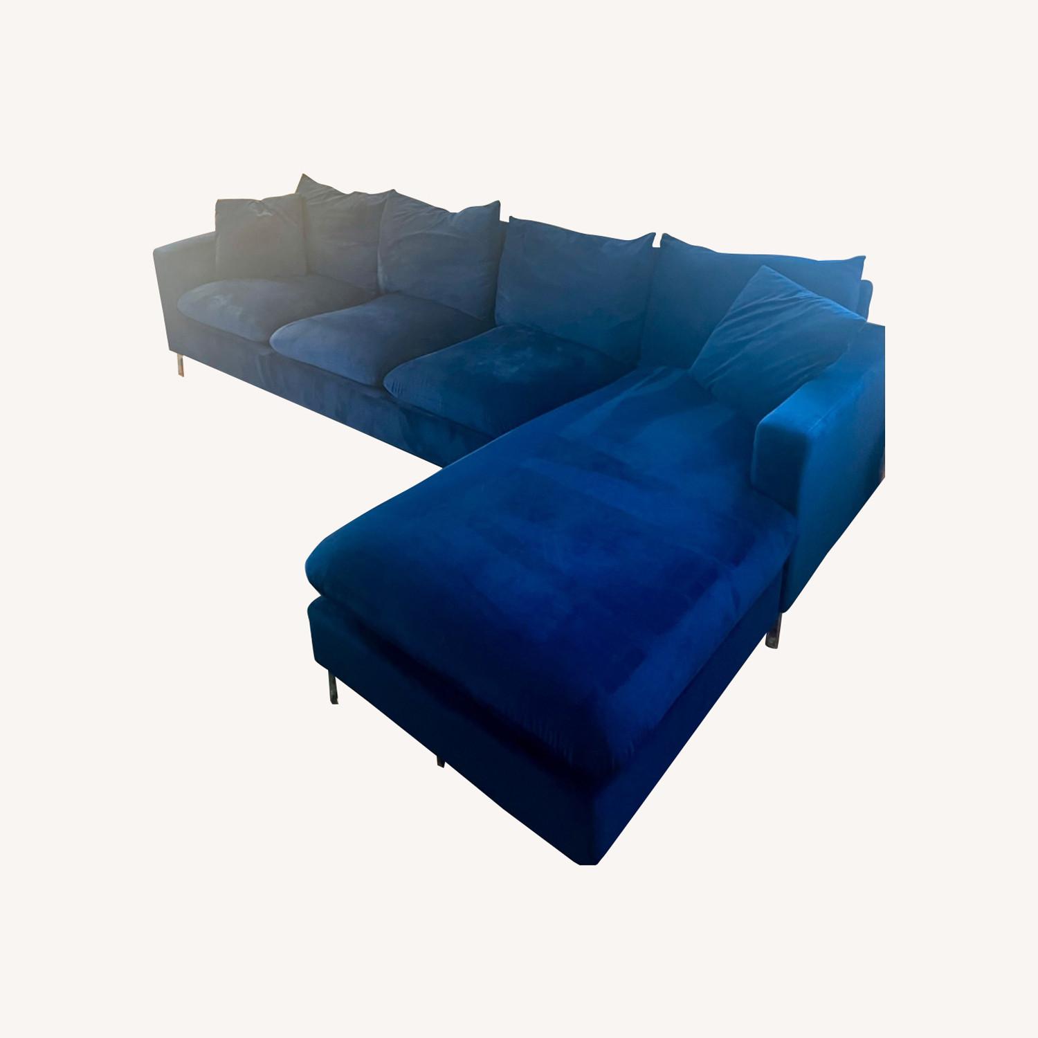 Home Meridian Velvet Blue Reversible Sectional AptDeco