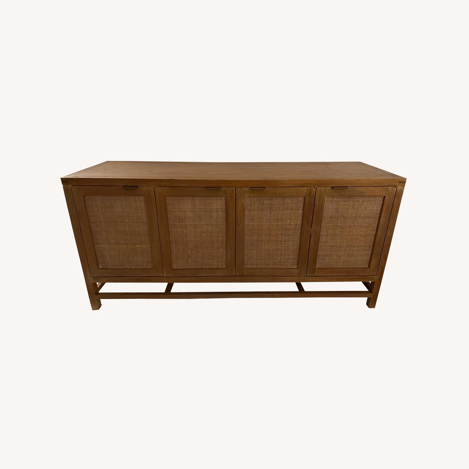 Crate & Barrel Teak & Rattan Media Console - image-0