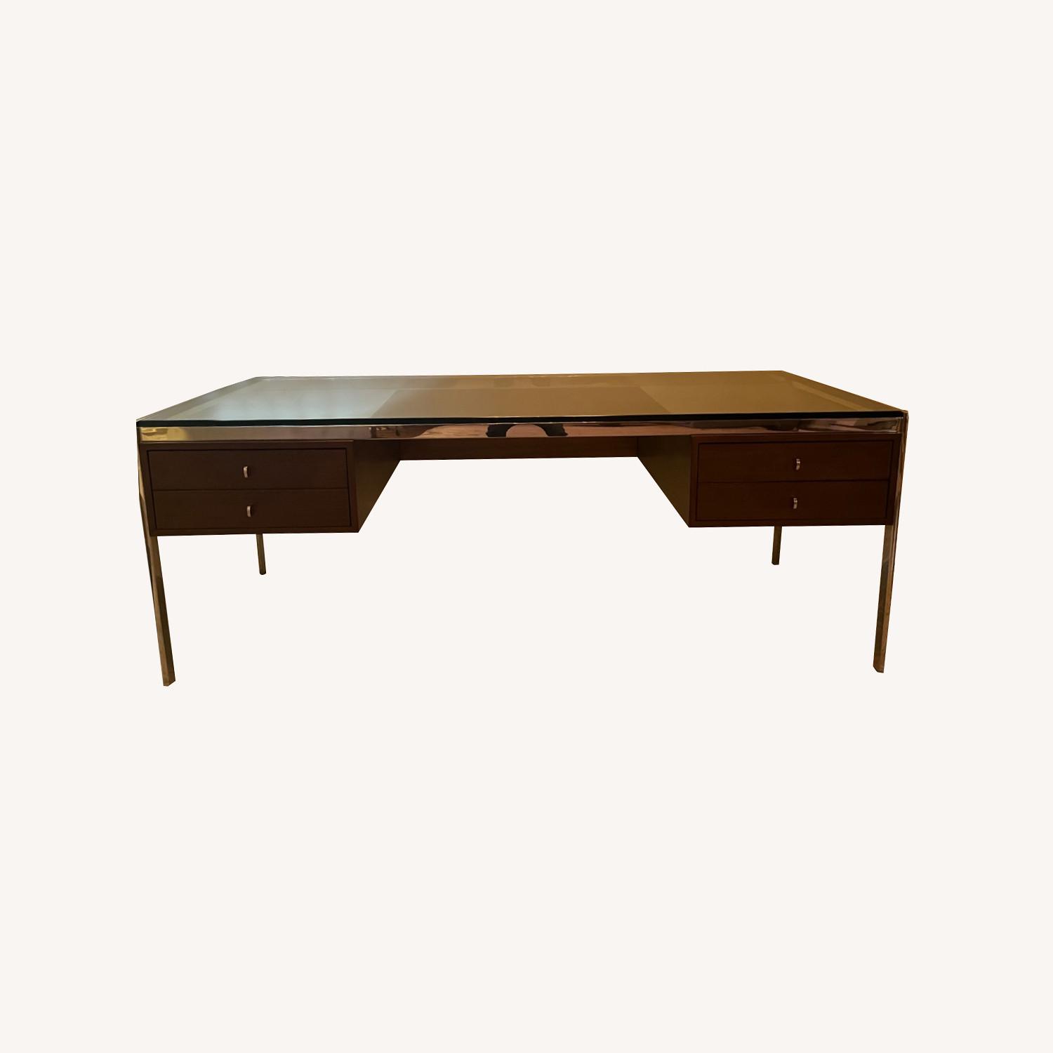 Restoration Hardware Glass Top Chrome and Wood Desk AptDeco