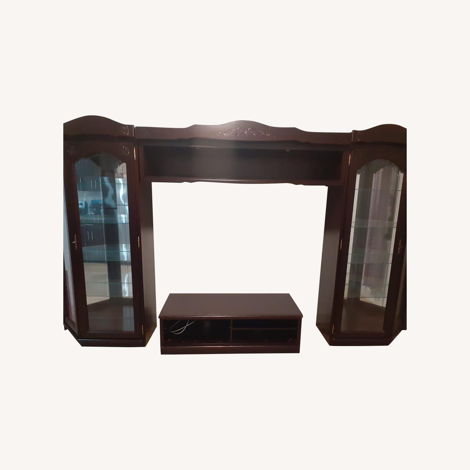 German Trunk Set With Tv Stand & Glass Shelves - AptDeco