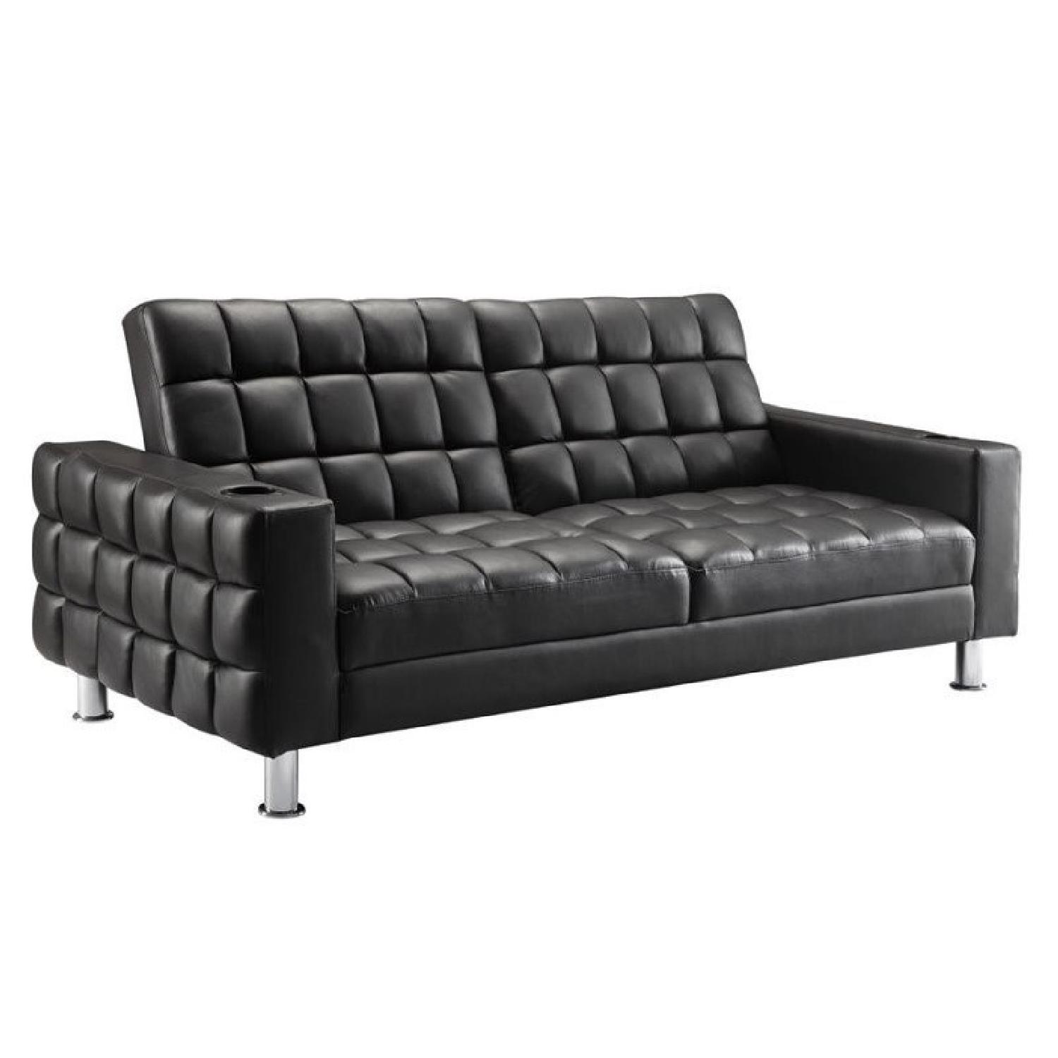 Tufted Adjustable Sofa Bed w/ Cup Holders in Dark Brown Faux Leather