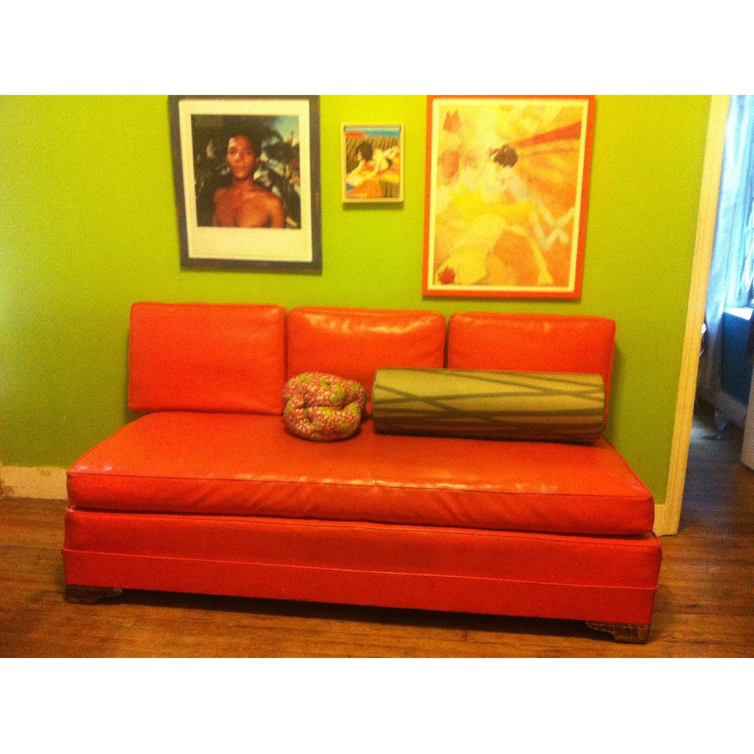 Vintage Orange Vinyl Sofa & Three Cushions - image-1