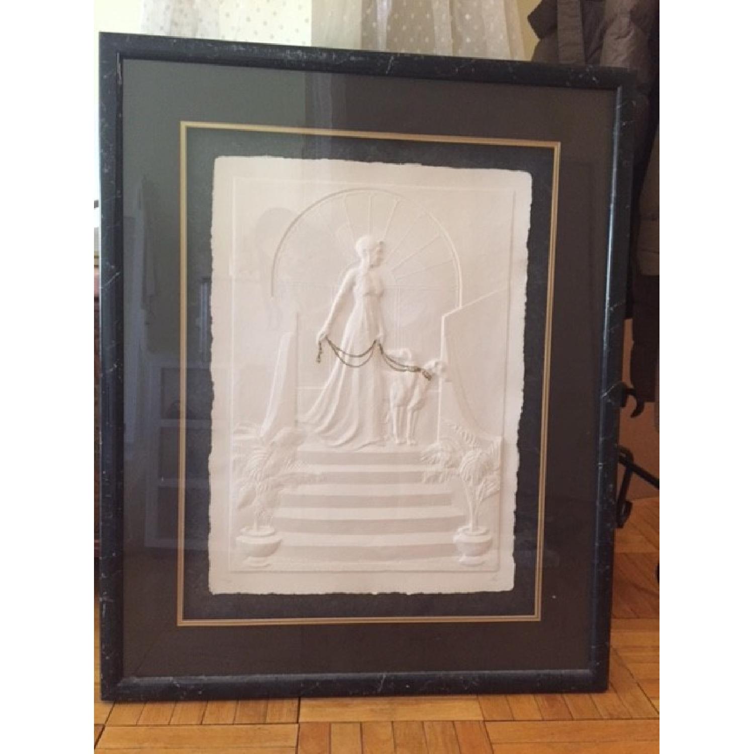 Framed Embossed Drawing of Woman & Dog - image-1