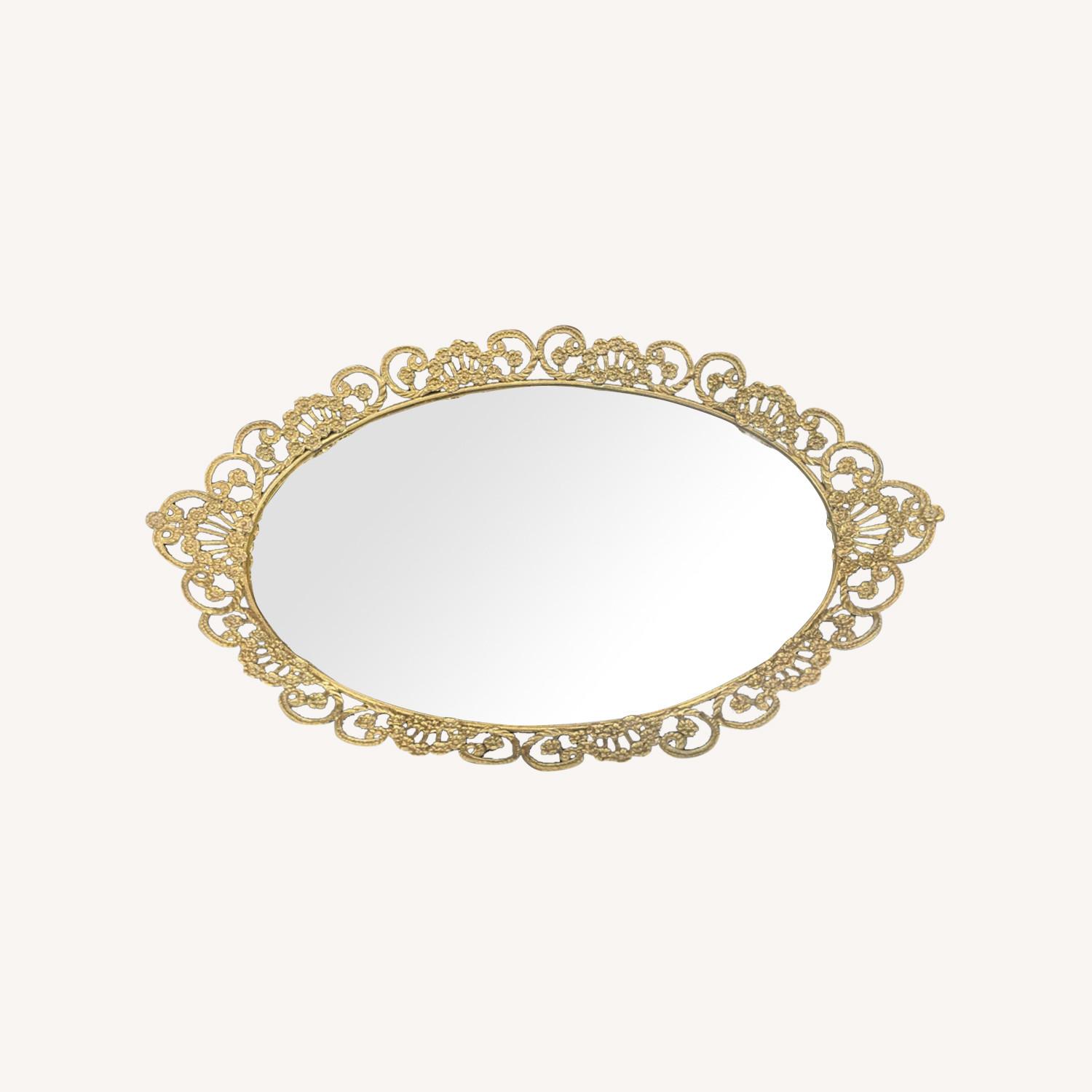 Antique 1940s Brass Framed Oval Mirror Tray - image-0