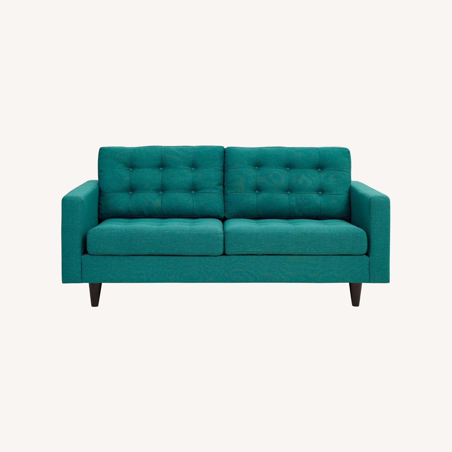 Loveseat In Teal Fabric Upholstery W Wood Legs AptDeco