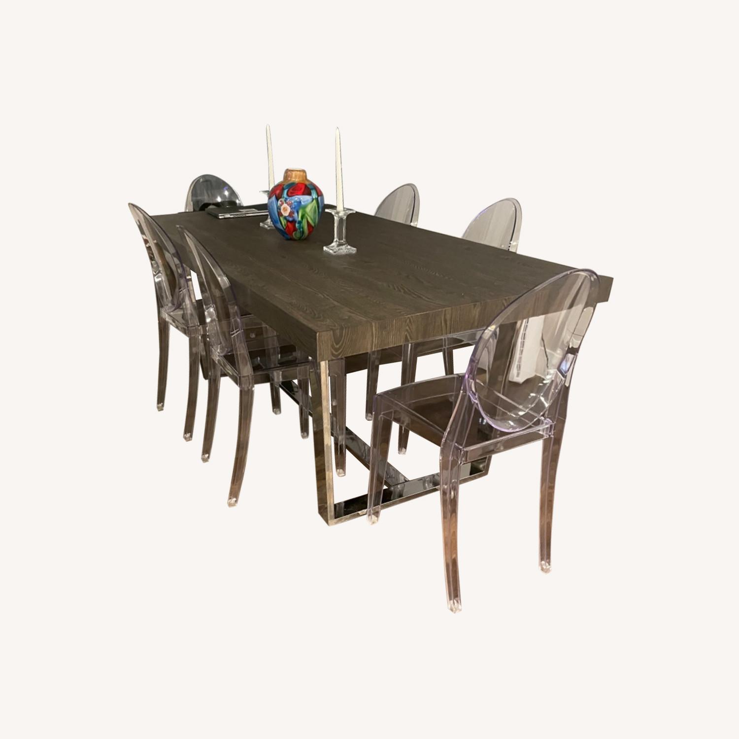 Dark Wood & Chrome Dining Table Acrylic Chair Set AptDeco