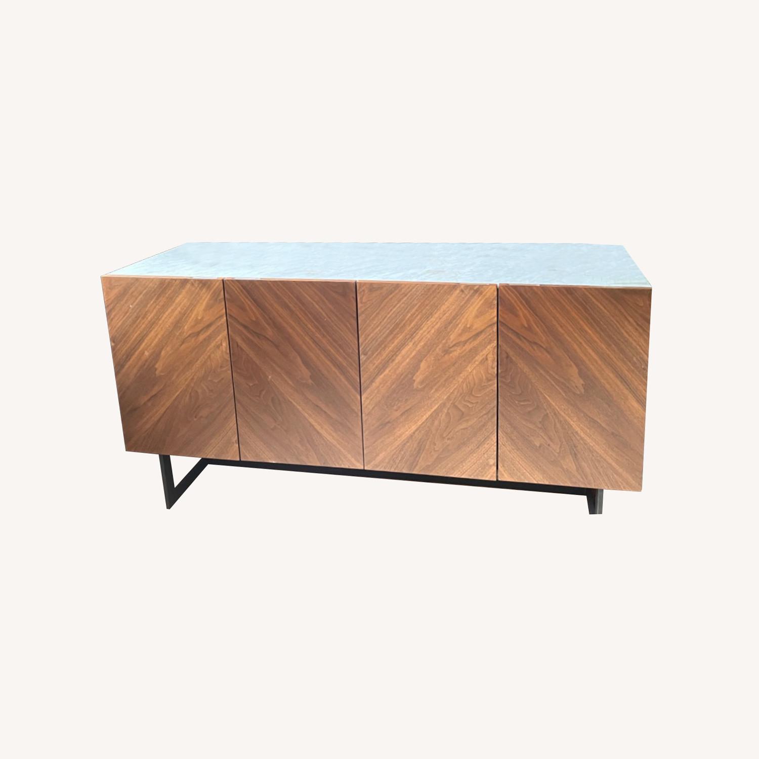 CB2 Marble and Brown Walnut Wood Media Console AptDeco