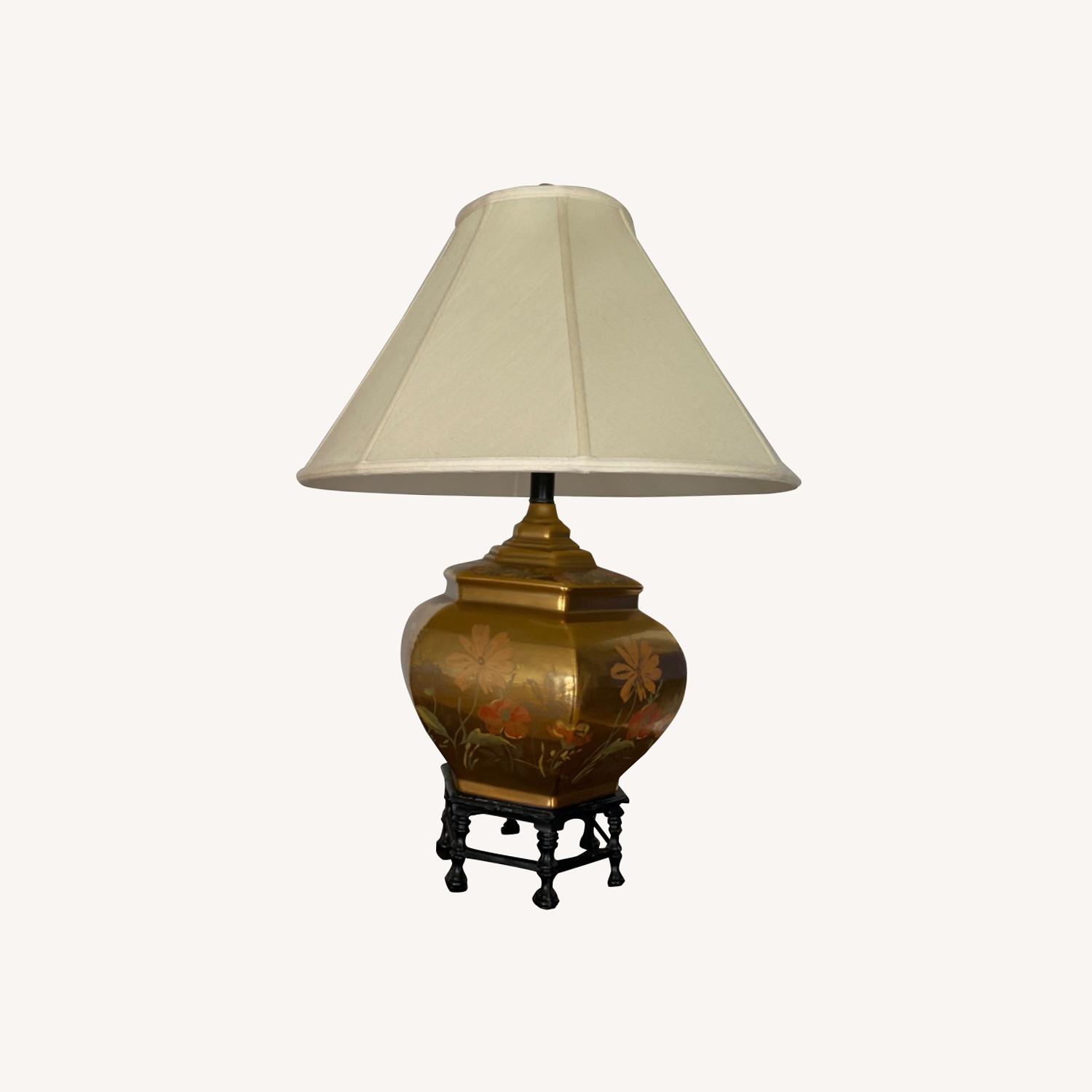 Brass Table Lamp with Hand-Painted Flowers - image-0
