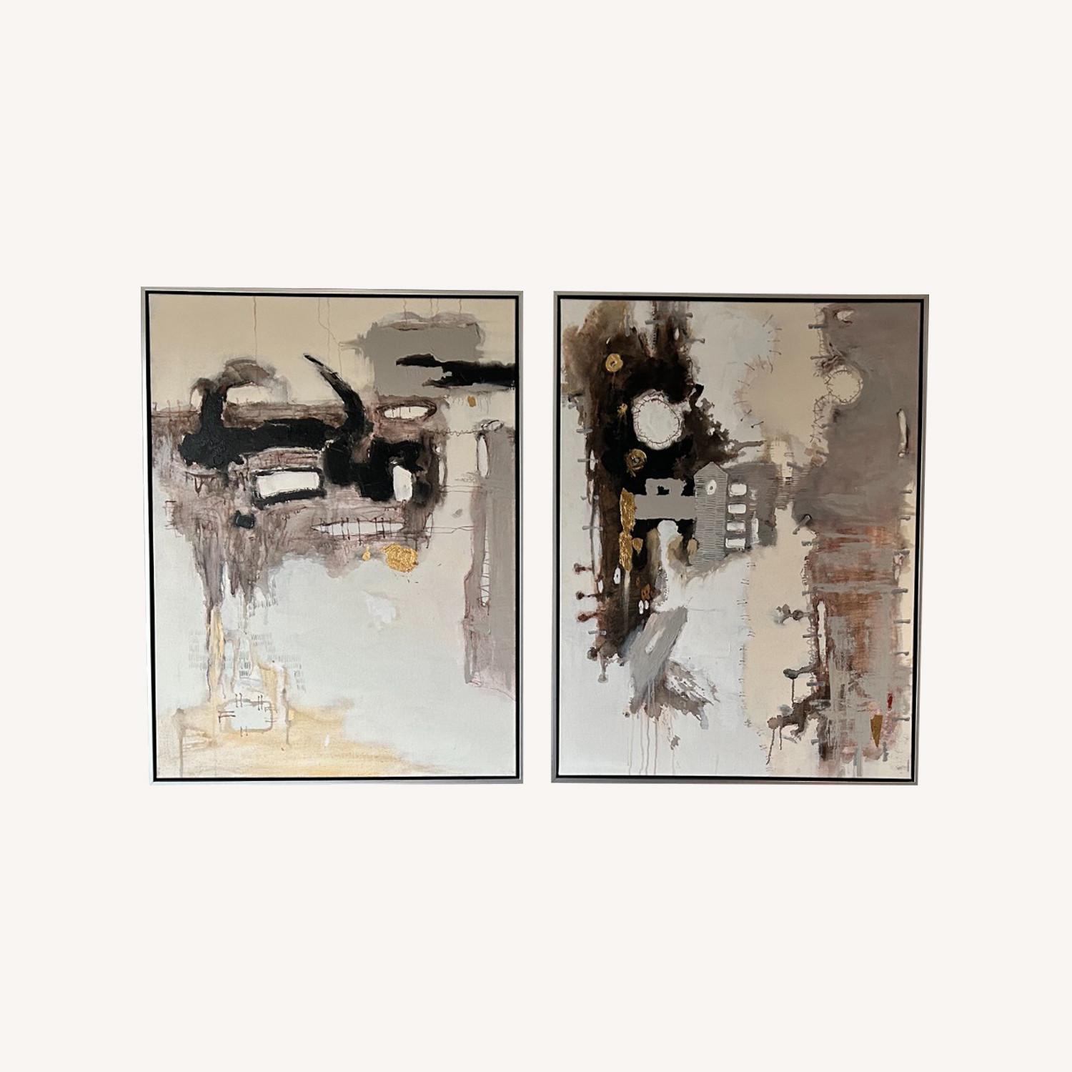 Pair of Abstract Paintings in Black White and Gold - image-0
