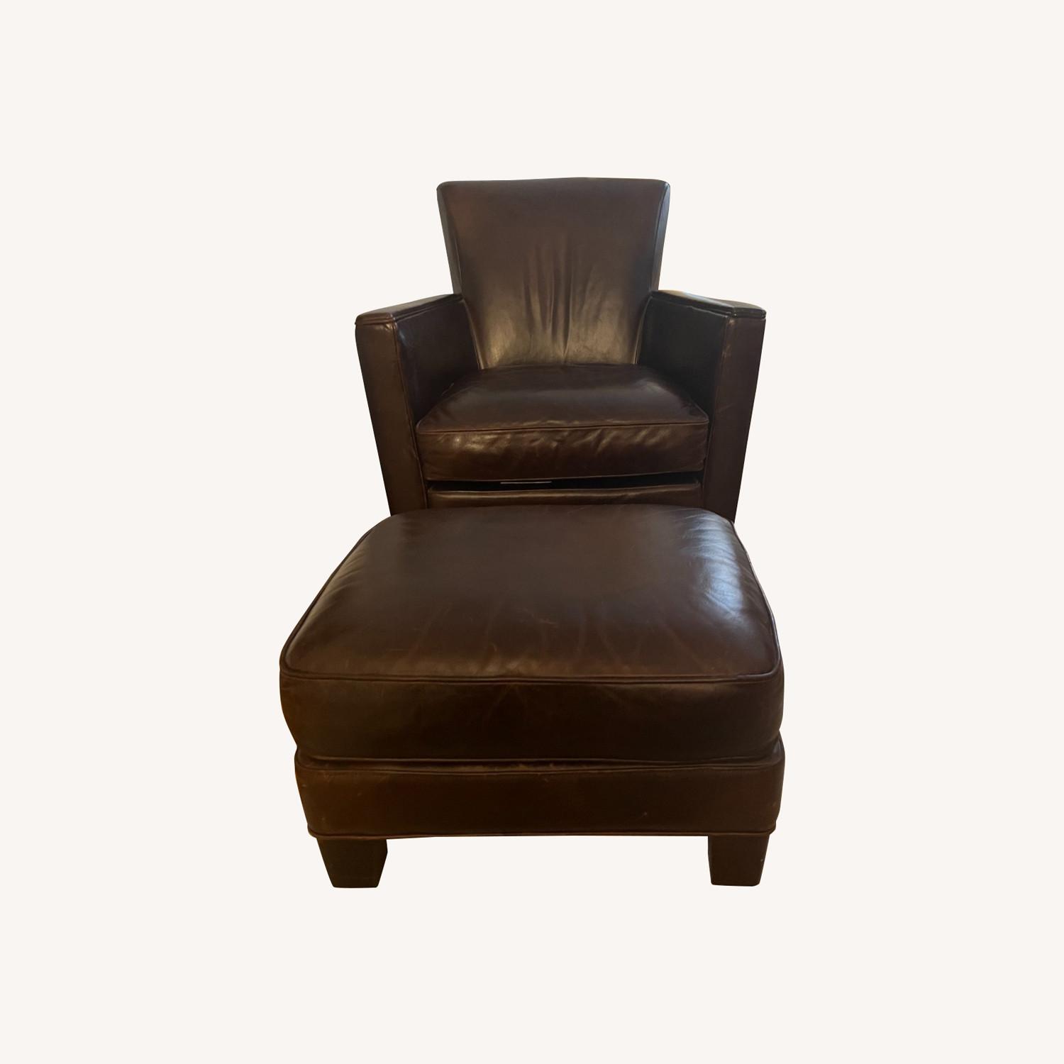 Crate & Barrel Dark Leather Accent Chair with Ottoman AptDeco