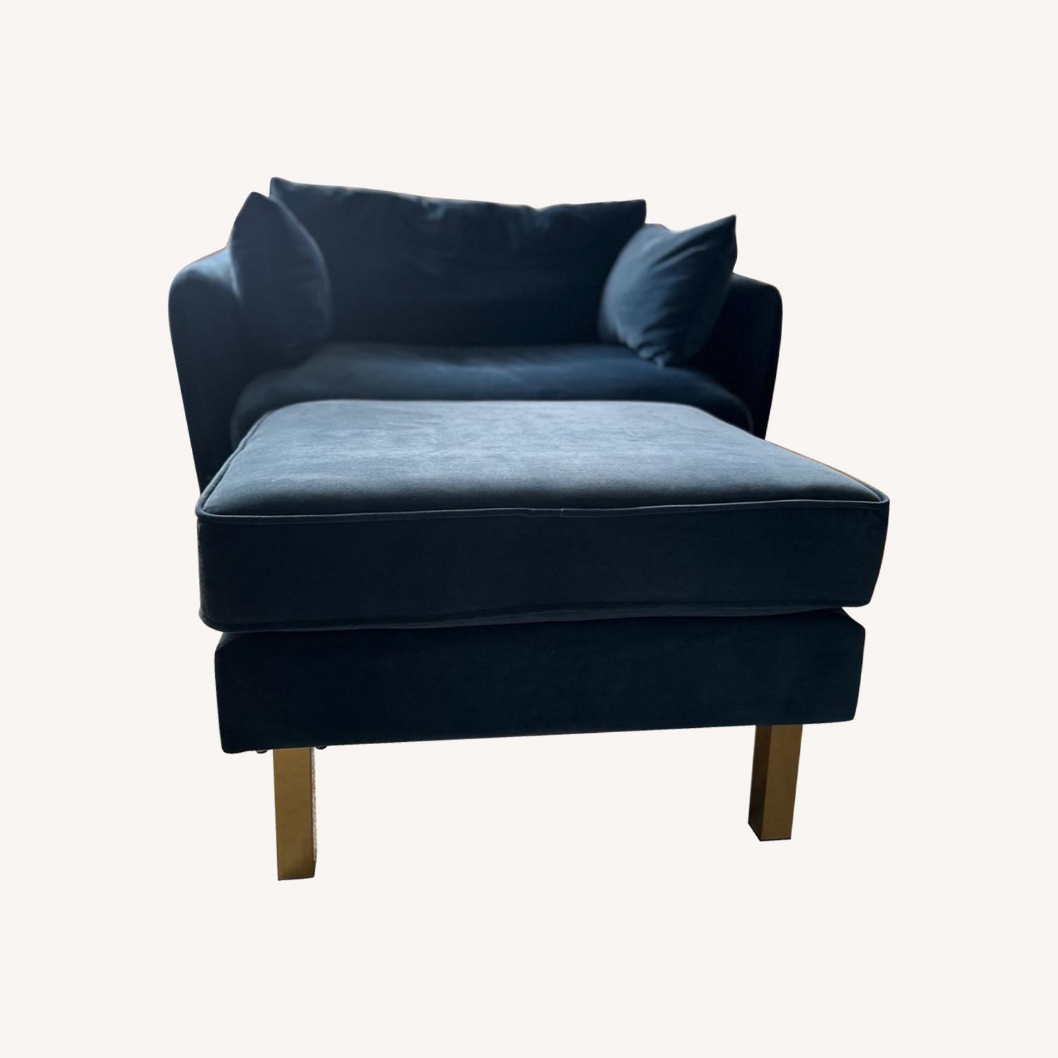 Albany Park Blue Velvet Armchair and Ottoman AptDeco