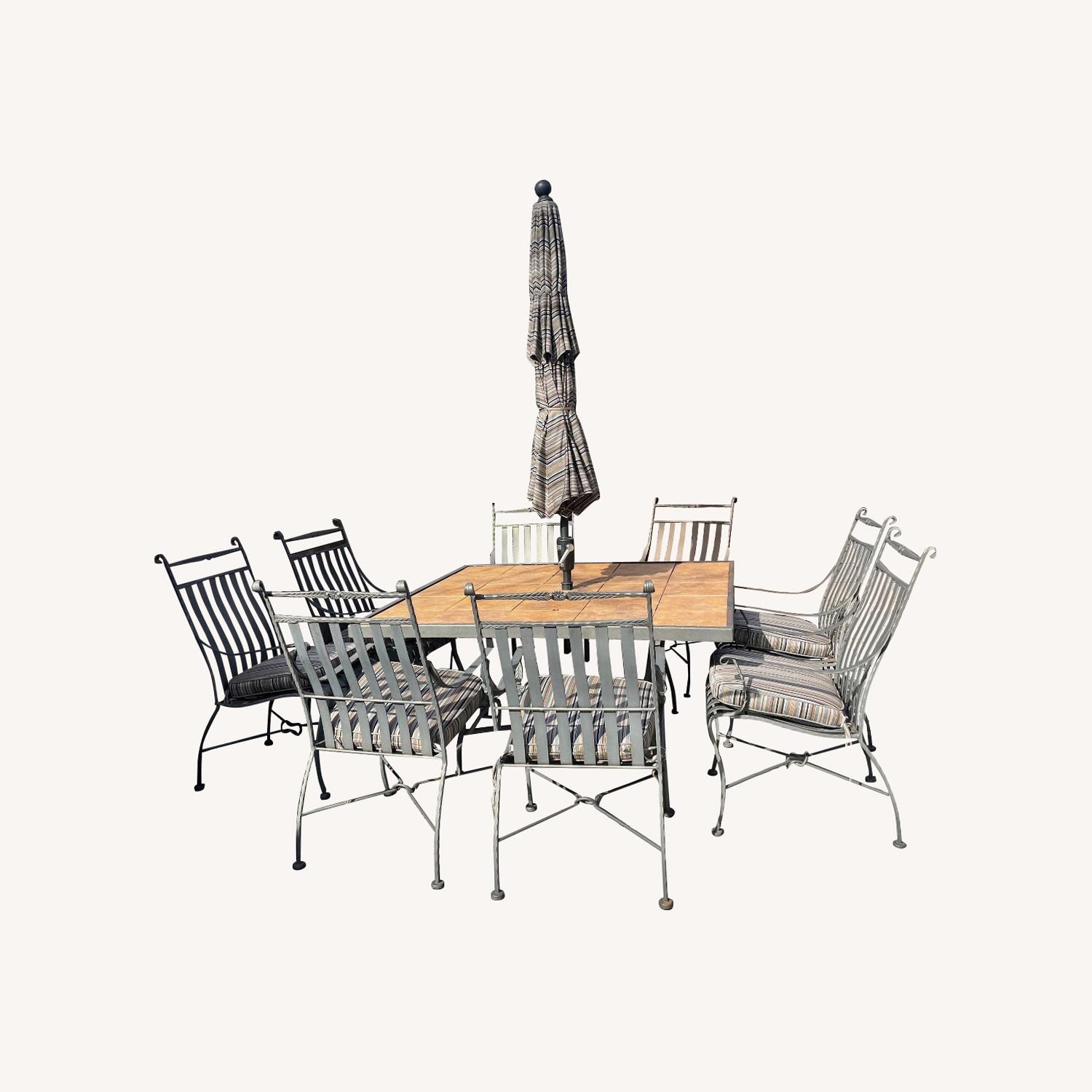 Wrought Iron Dining Set, Umbrella and Cushions - image-0