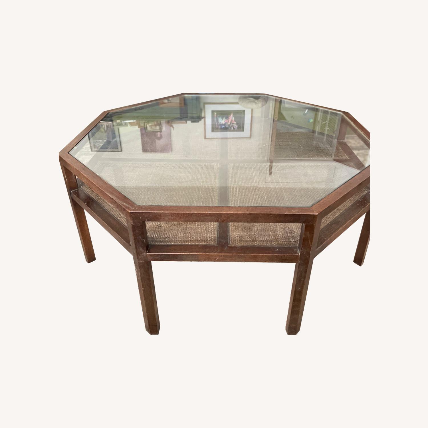 1960s Octagon Coffee Table Wood/Glass/Rattan - image-0
