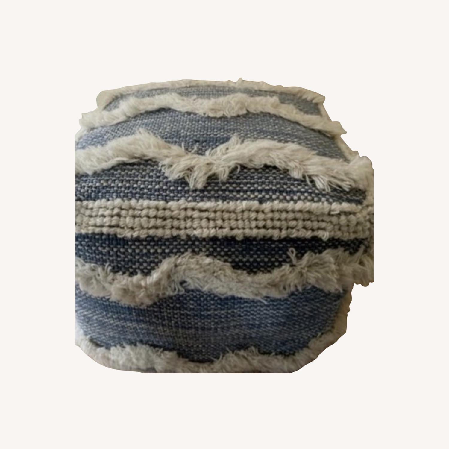 Footstool Poof Blue Weave w Ivory Fringe - image-0