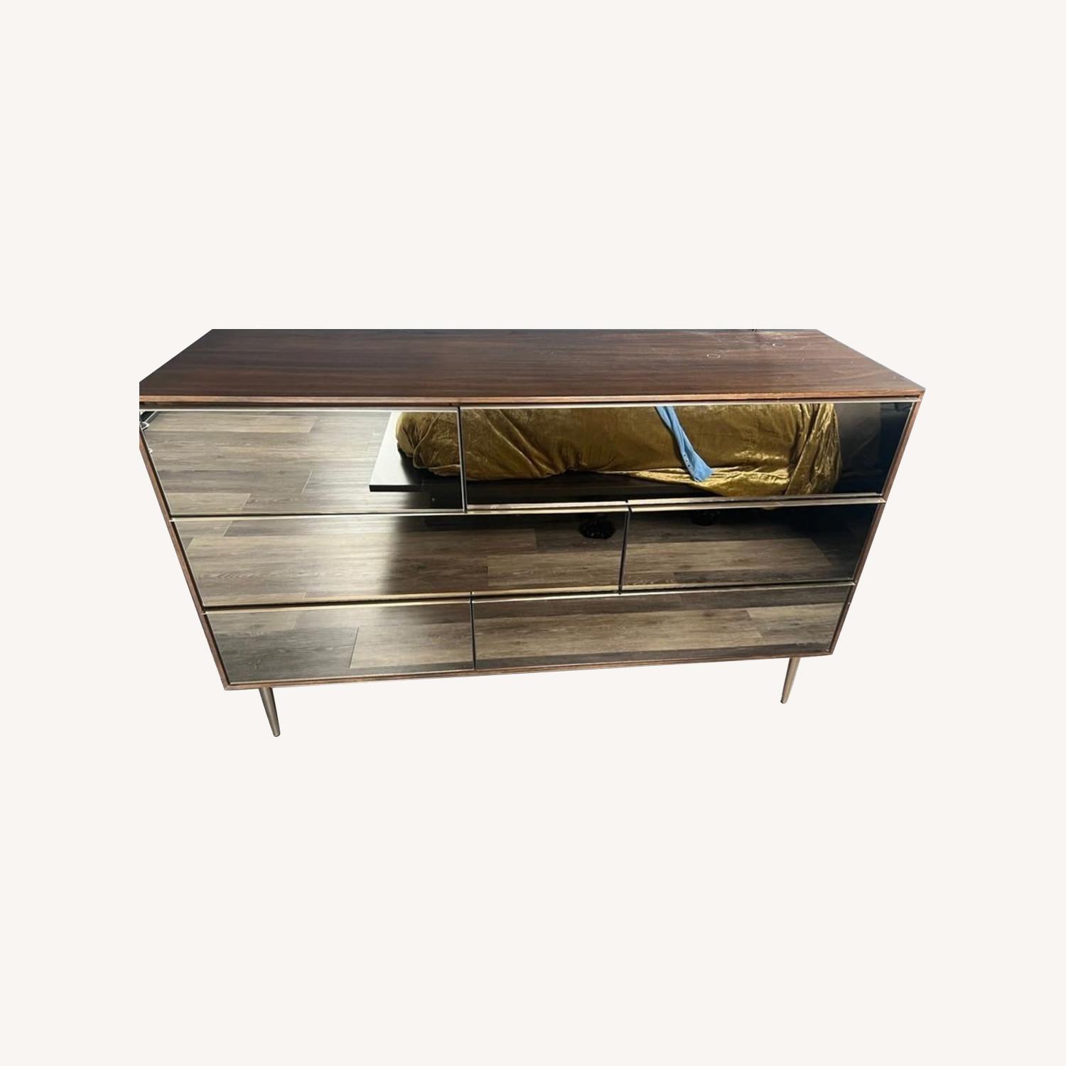 West Elm Mirror and Wood Dresser With Gold Hardware Legs AptDeco