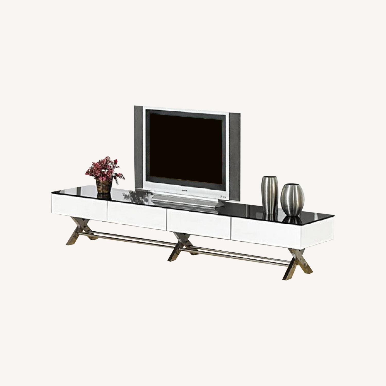 Wayfair 79" Minimalist TV Stand Wood Mirrored Glass AptDeco