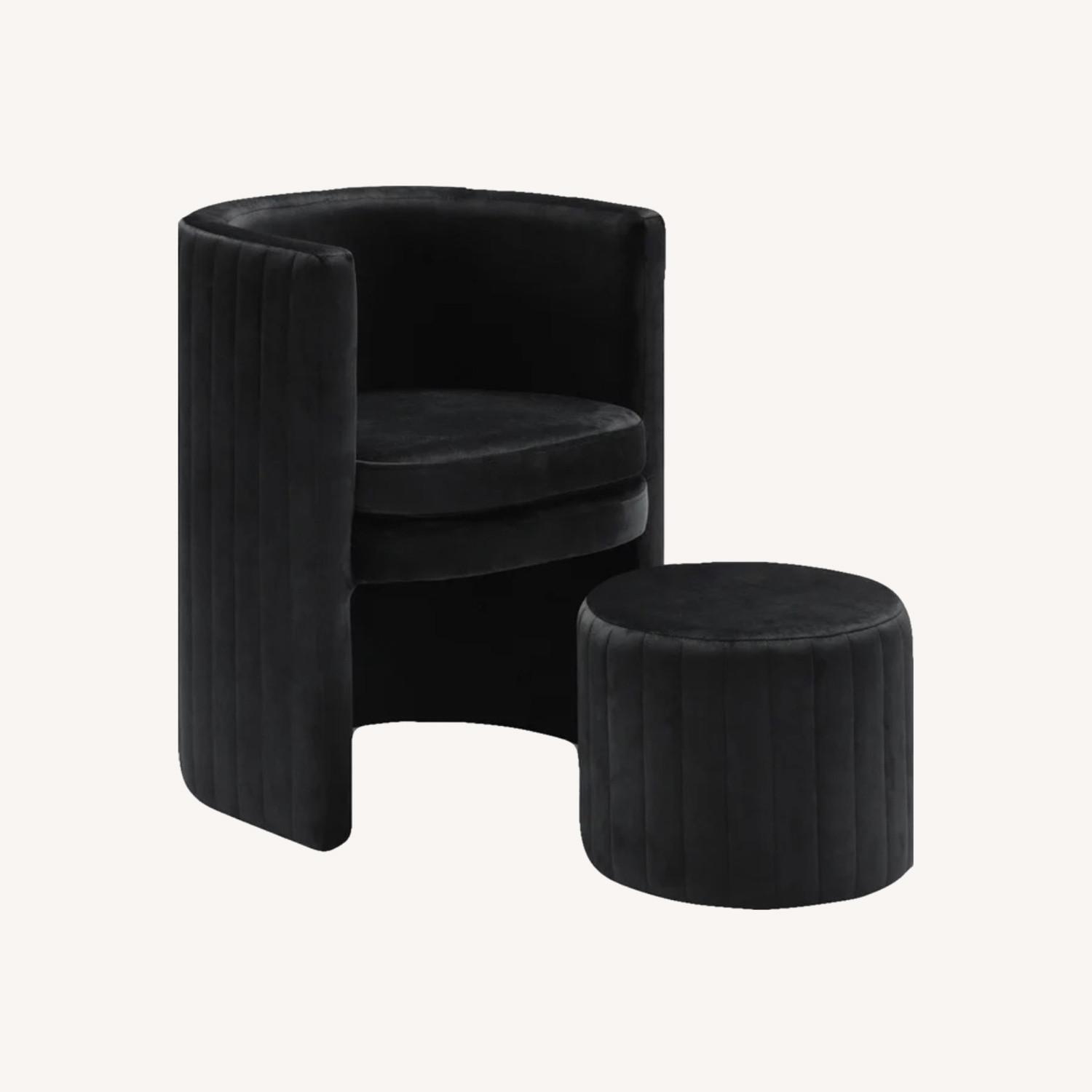 Pair of Black Velvet Barrel Chairs With Ottomans AptDeco