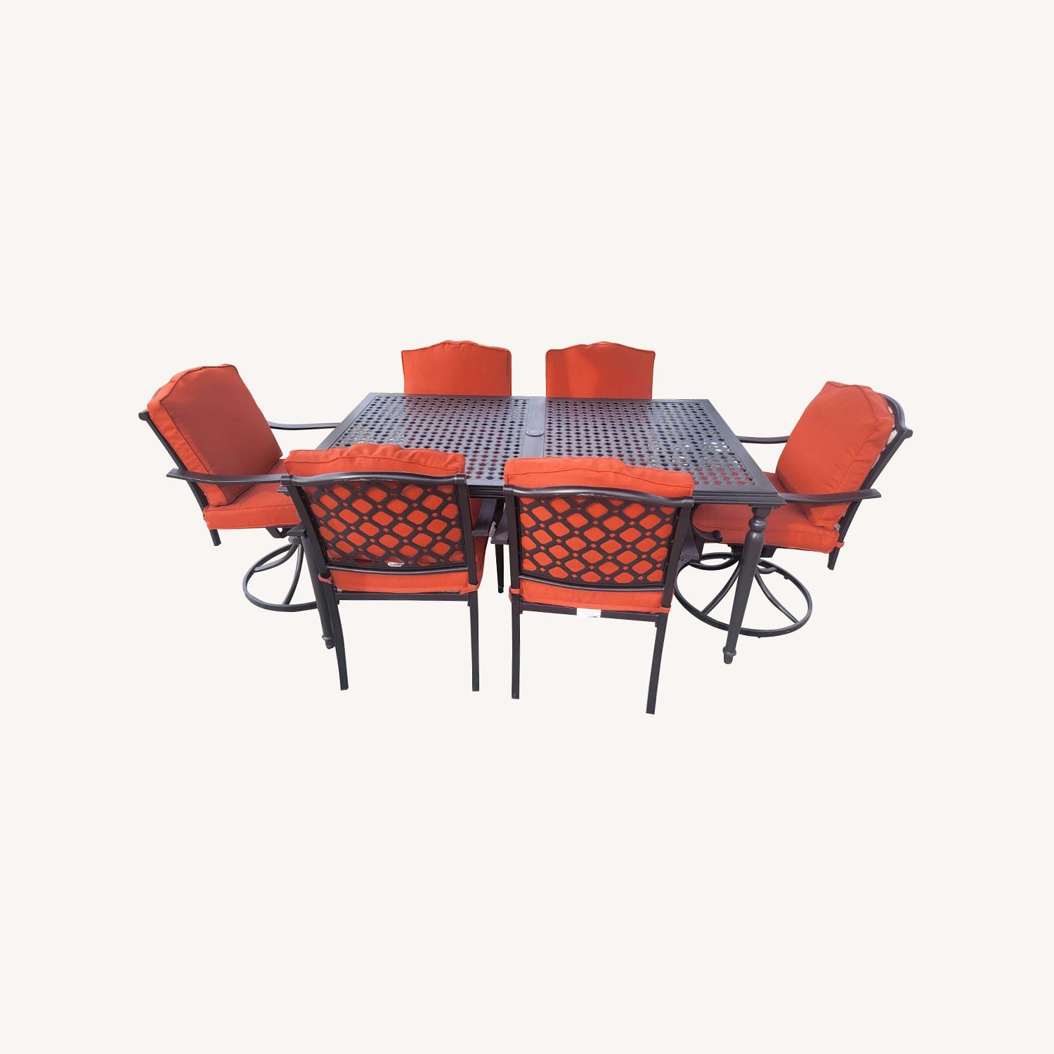 7 Piece Black Steel Outdoor Patio Set Red Cushions AptDeco
