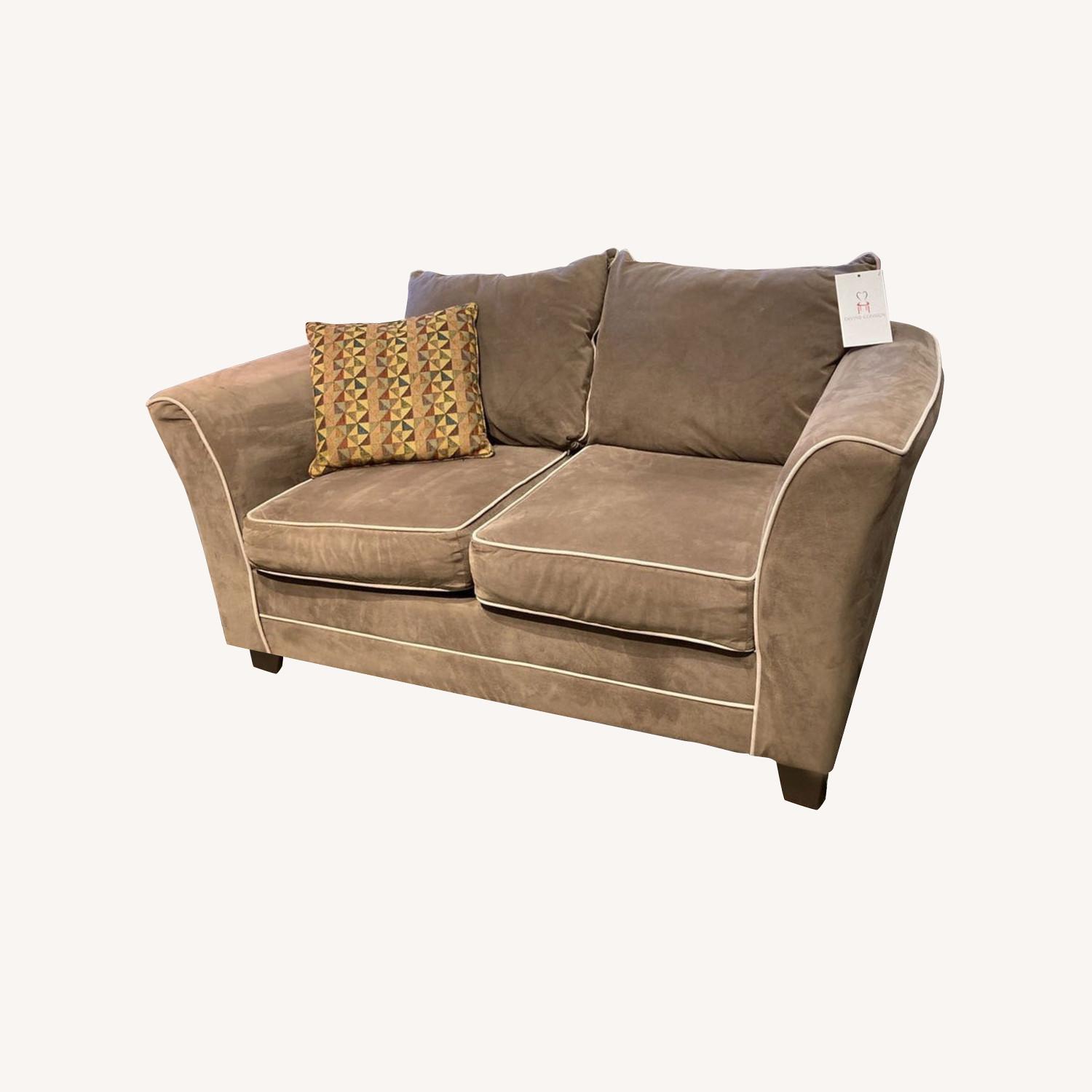 Brown Velvet Loveseat with White Pipping Loveseat AptDeco