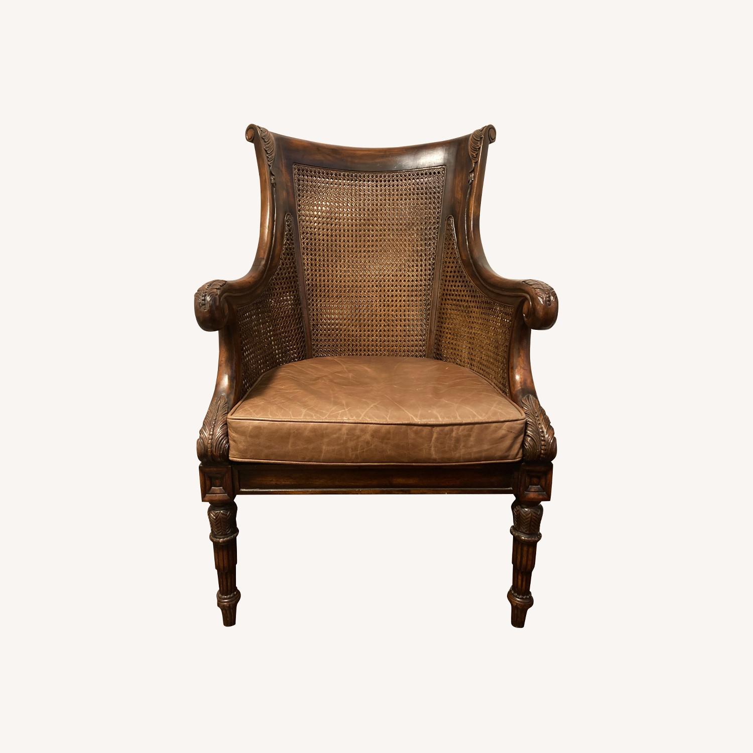Antique Dark Wood, Cane, and Leather Armchair - image-0