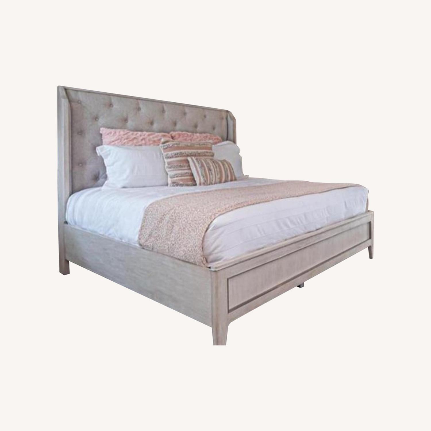Tufted Neutral Wood Queen Bed - image-0
