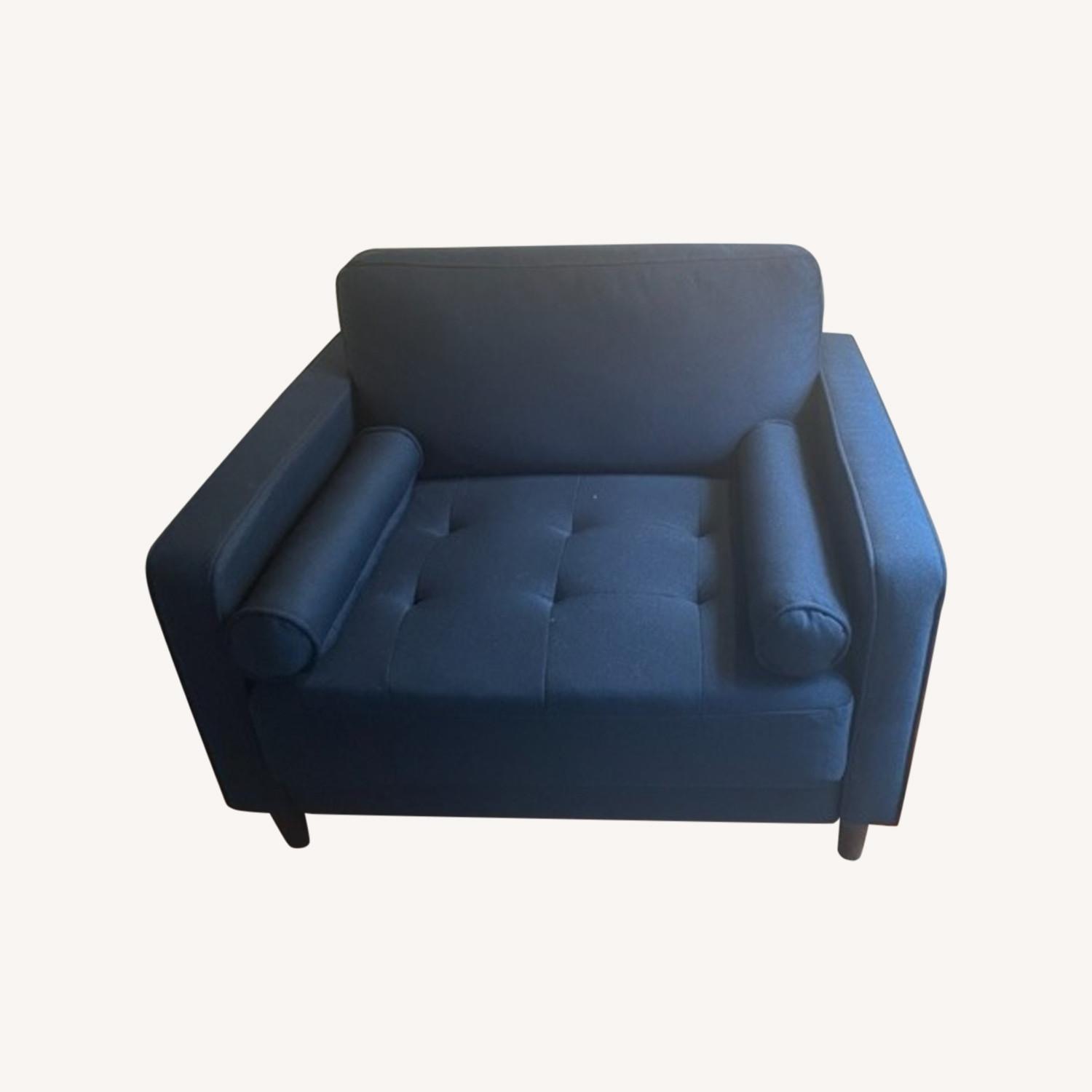 Blue Tufted Arm Chair and Bolsters - image-0
