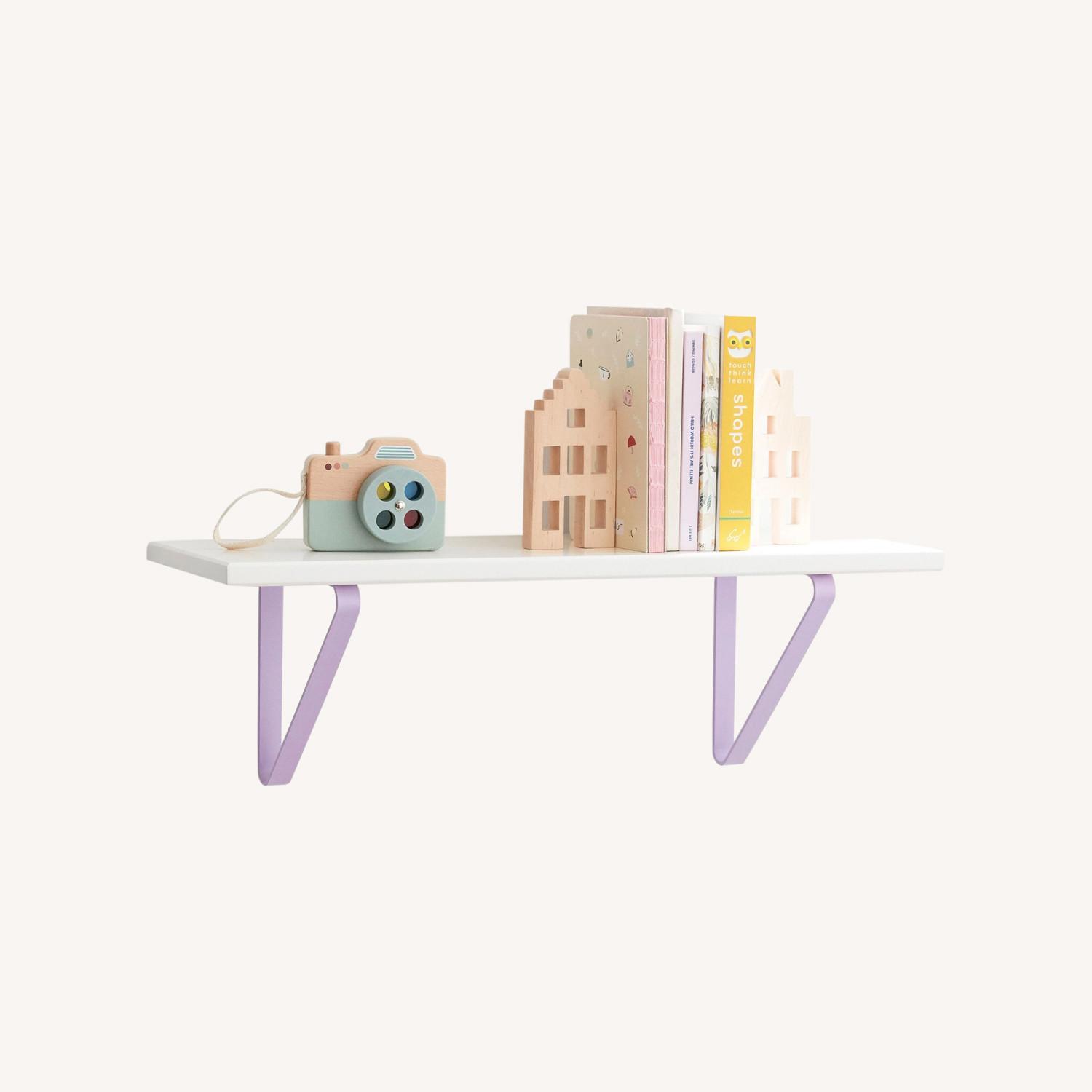 Pottery Barn White Shelf with Lavender Metal Brackets AptDeco