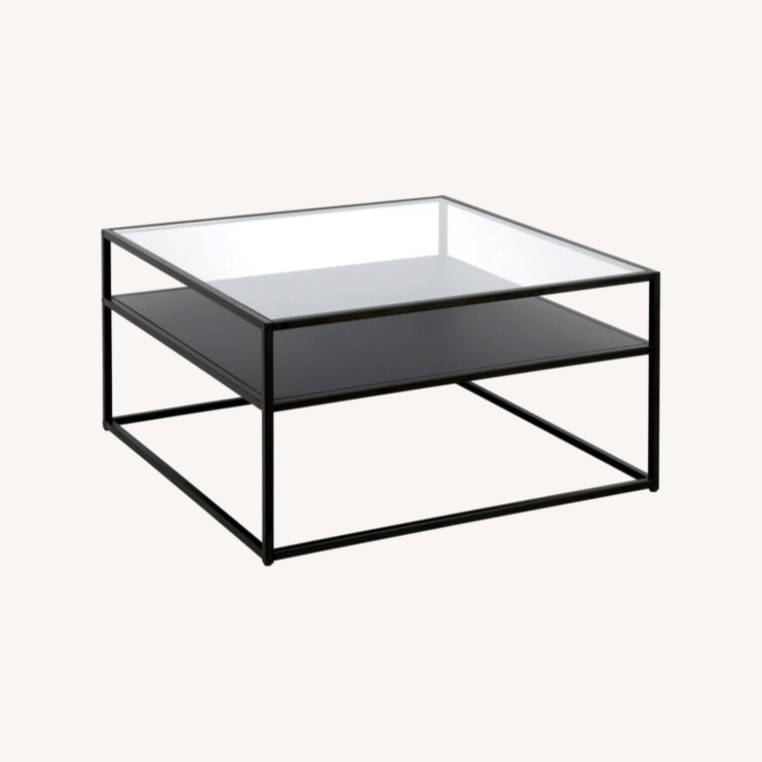 Black Metal and Glass Top Coffee Table with Shelf AptDeco