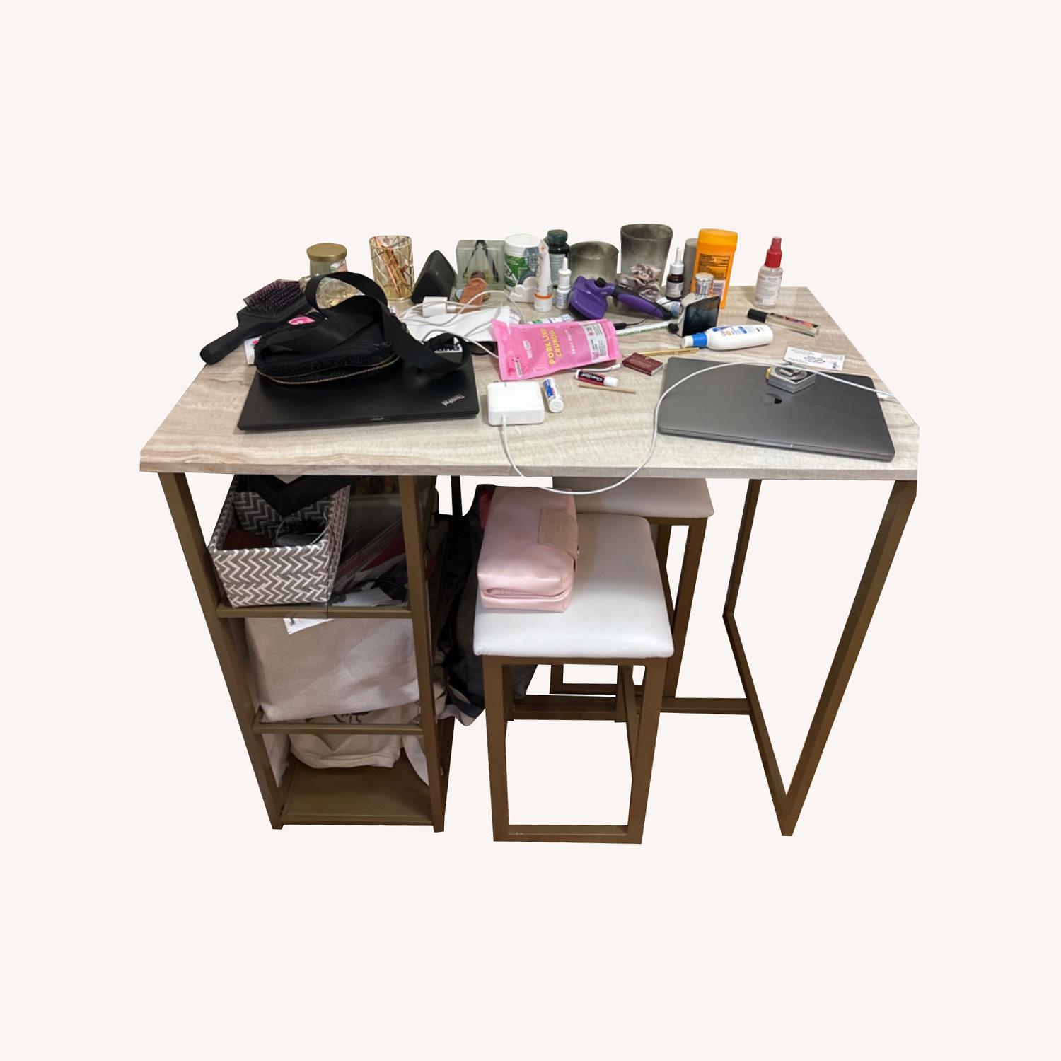 Granite Top Desk/table With Storage and 2 Stools - image-0