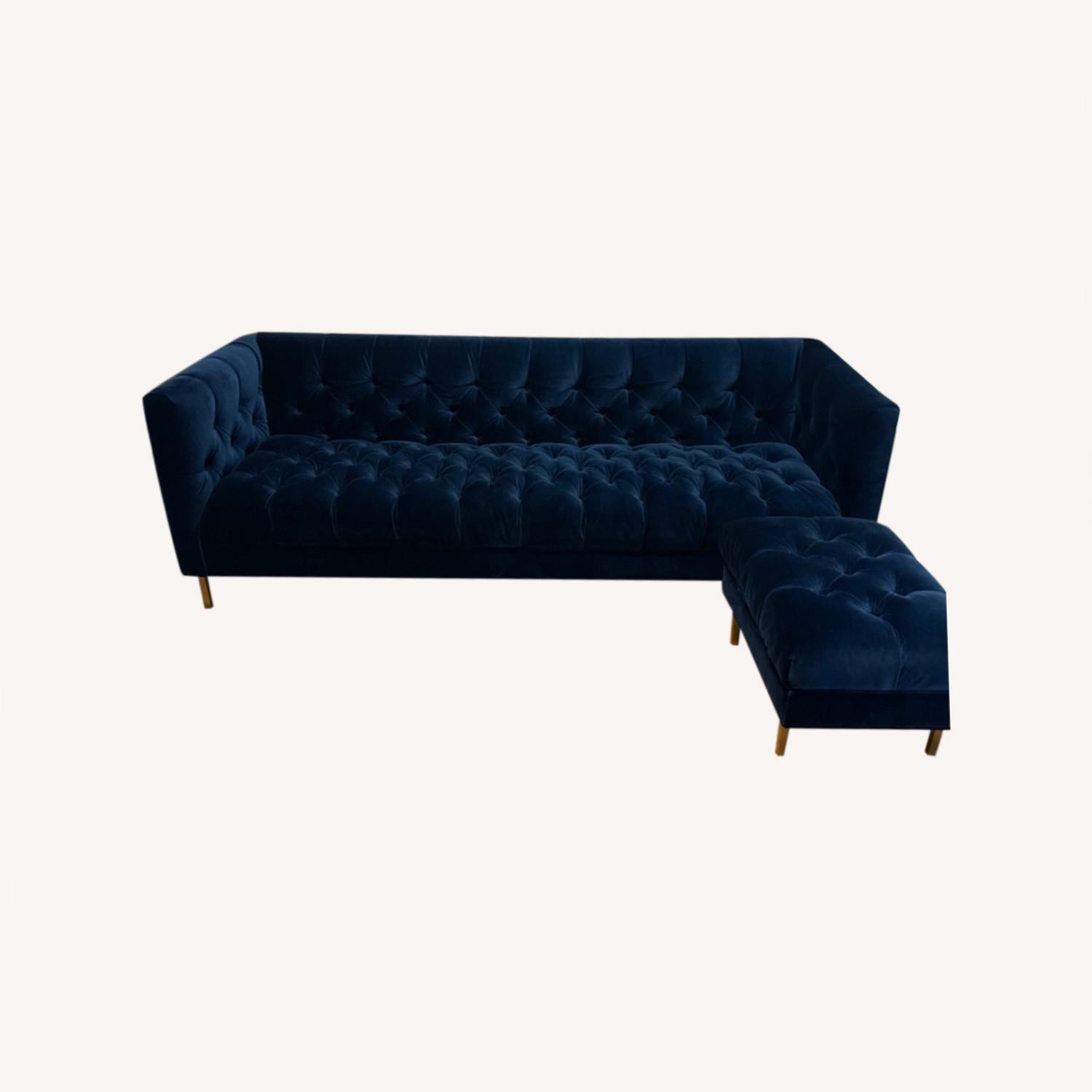 Blue Velvet Couch and Ottoman AptDeco