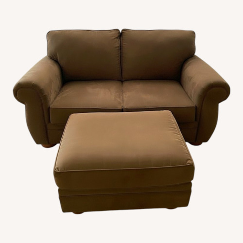 Used Khaki Green Suede Loveseat and Ottoman for sale on AptDeco