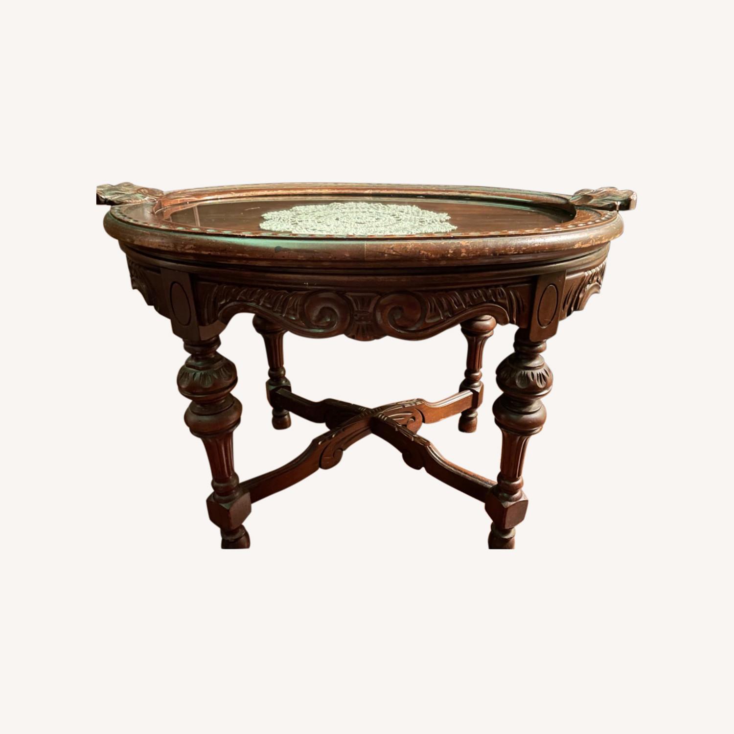 Antique Glass Top Wooden Cocktail Table - image-0
