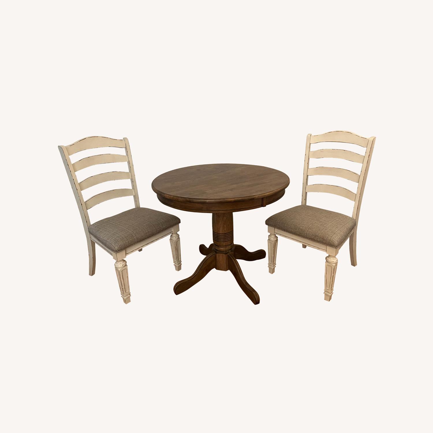 Wayfair Wooden Table and 2 White Distressed Chairs AptDeco