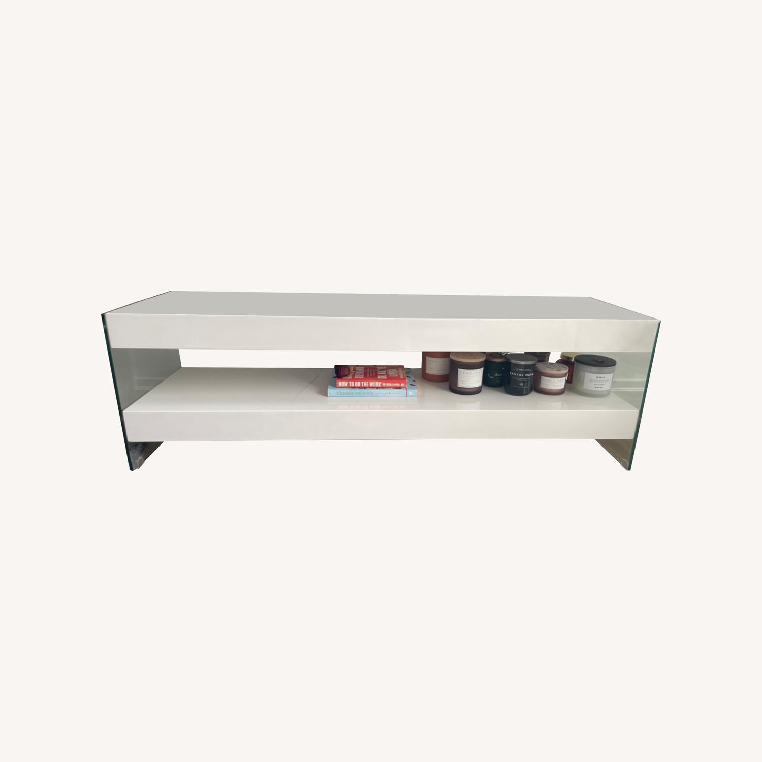 Overstock White and Glass Tv Console AptDeco