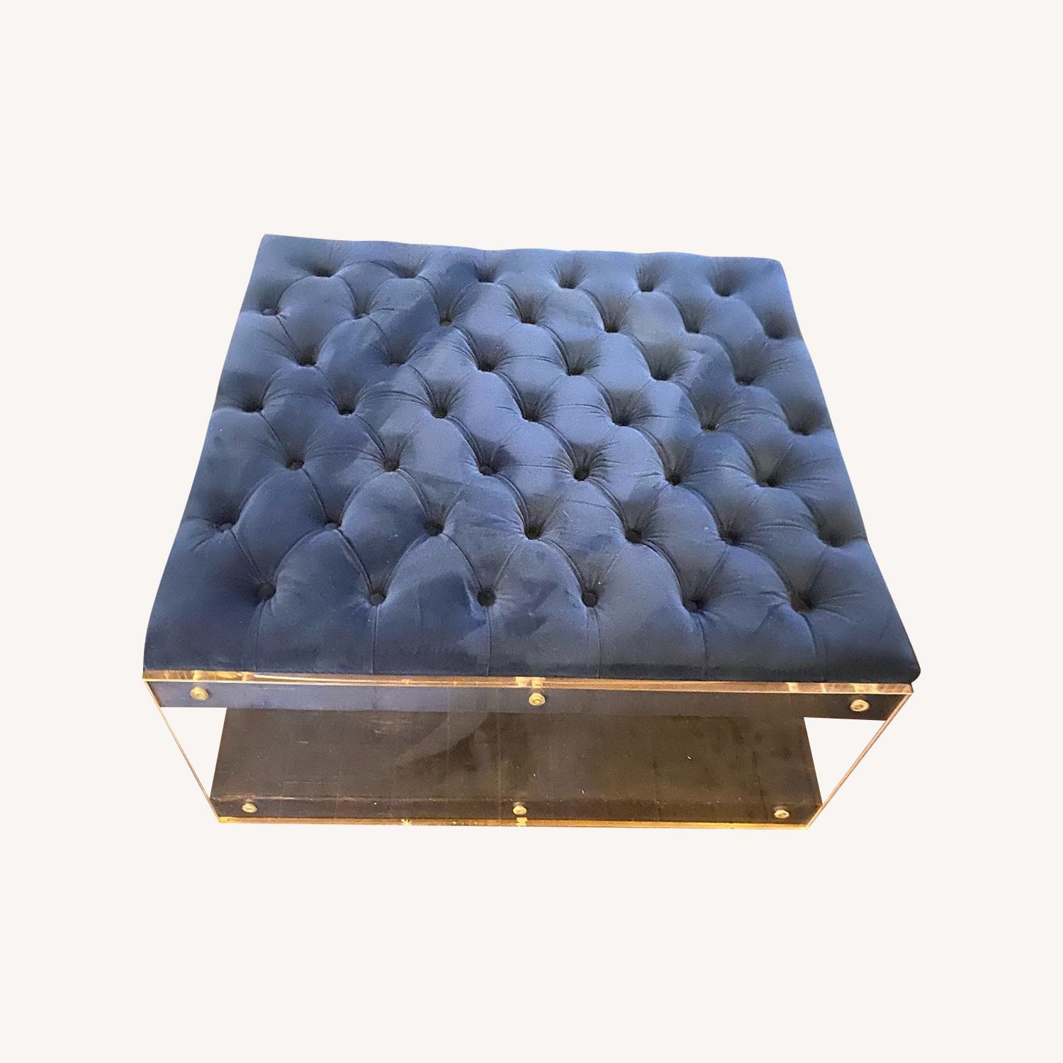 Navy Tufted Velvet Clear Acrylic Sides Ottoman - image-0