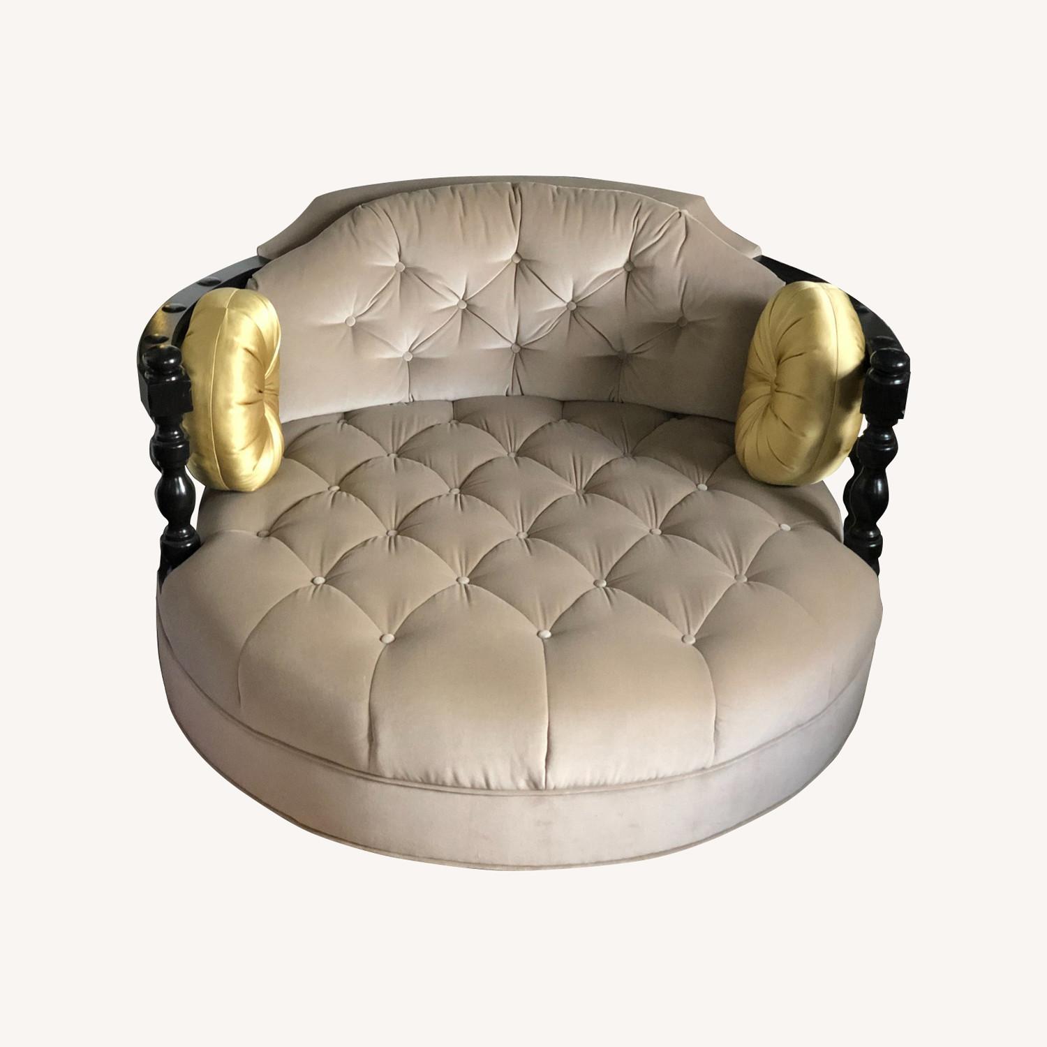 Grey Velvet Tufted & Wood Round Chair With Wheels - image-0