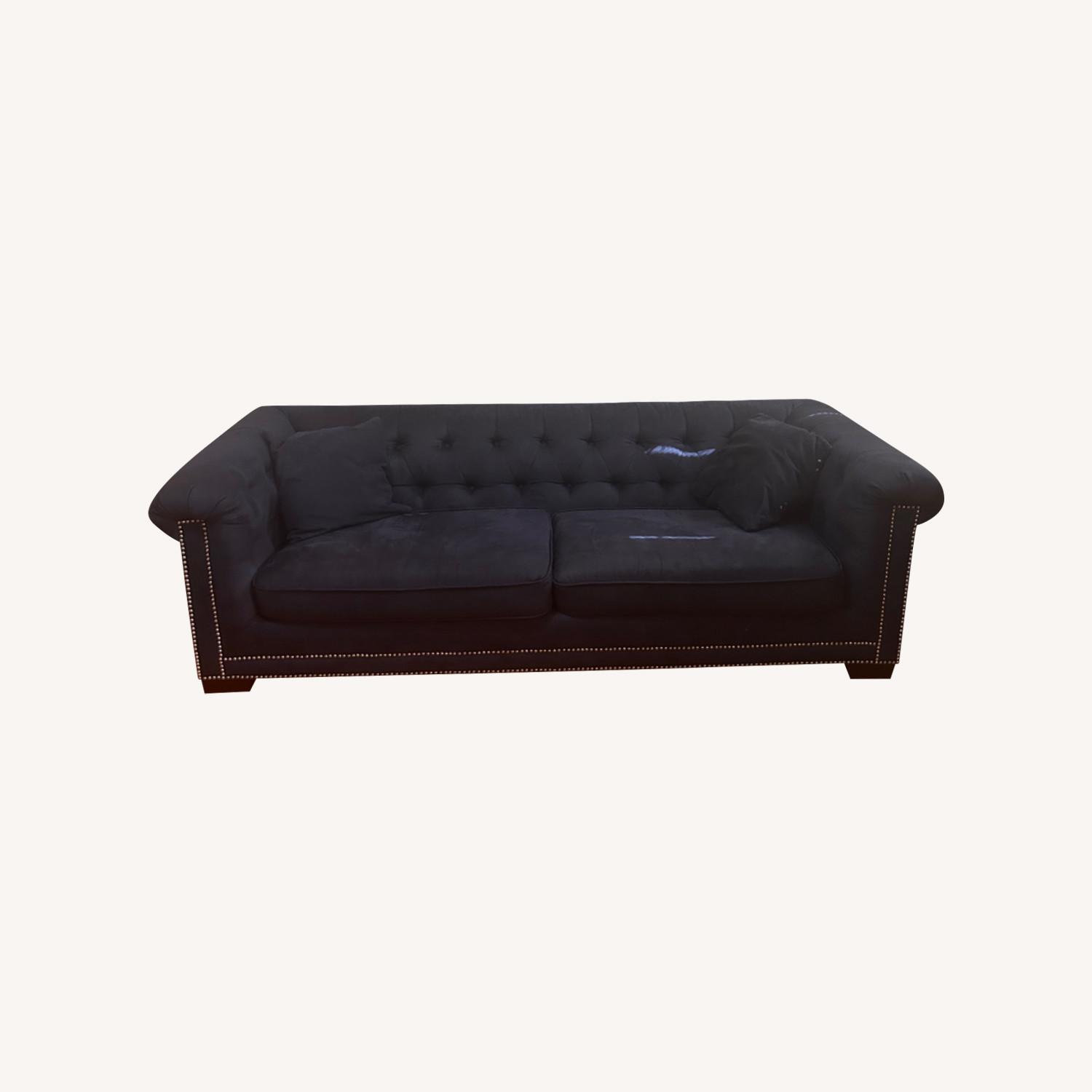 Macy's Blue Tufted Sofa with Silver Hardware - image-0