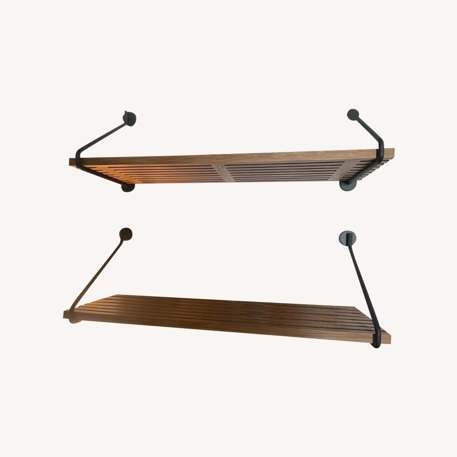 Rejuvenation Slatted White Oak & Cast Iron Shelves AptDeco