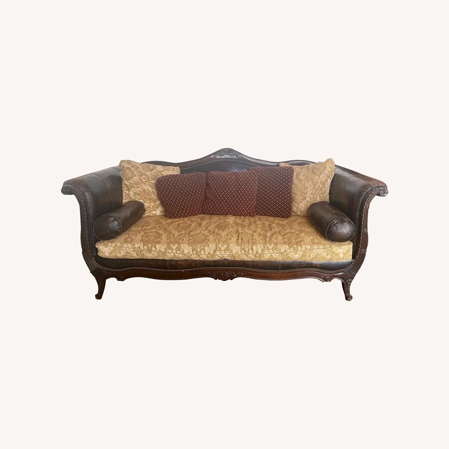 Roll Arm Leather Sofa with Upholstery Cushions - image-0