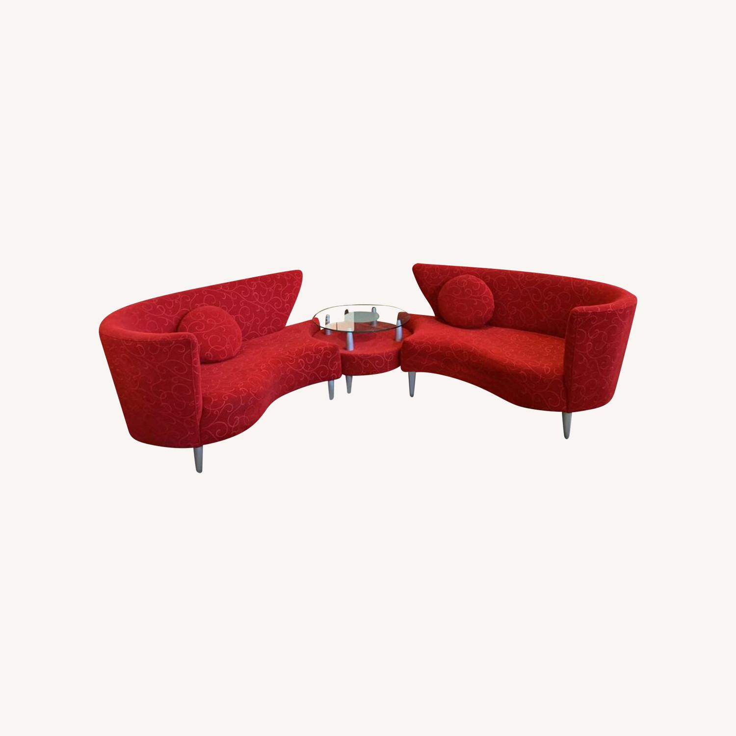 Red Huppe Modern Tapestry Sofa & Round Glass Table AptDeco