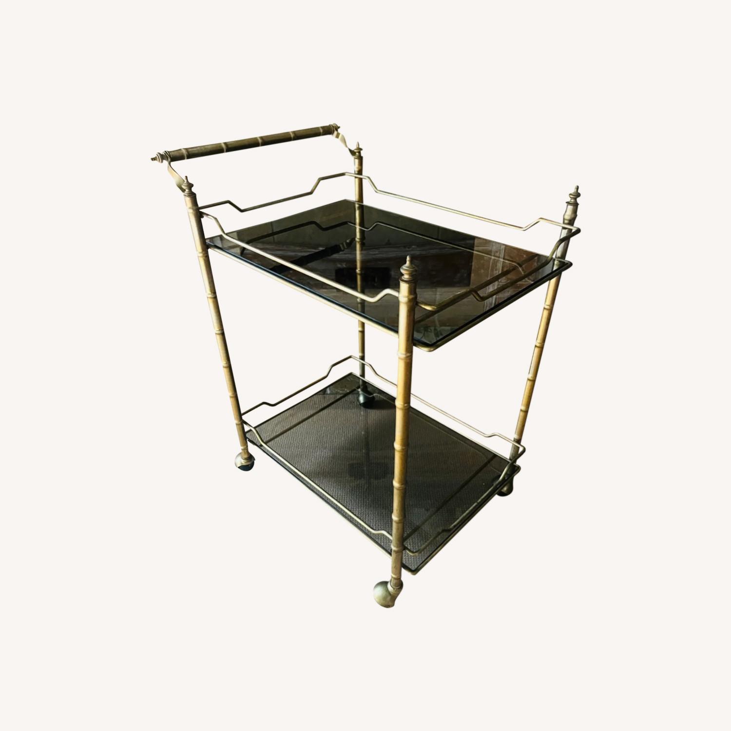 Mid Century Brass Bar Cart with Smoked Glass - image-0