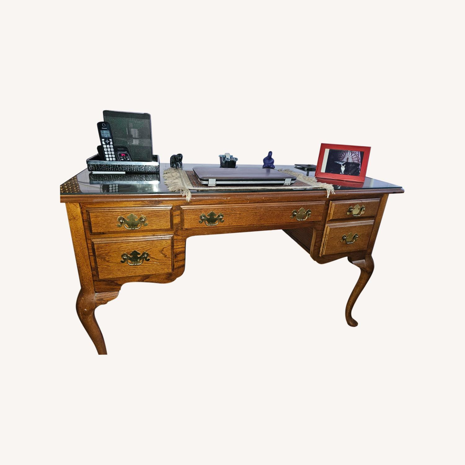 Queen Ann Honey-Colored 3-Drawer Desk with Glass Top - image-0