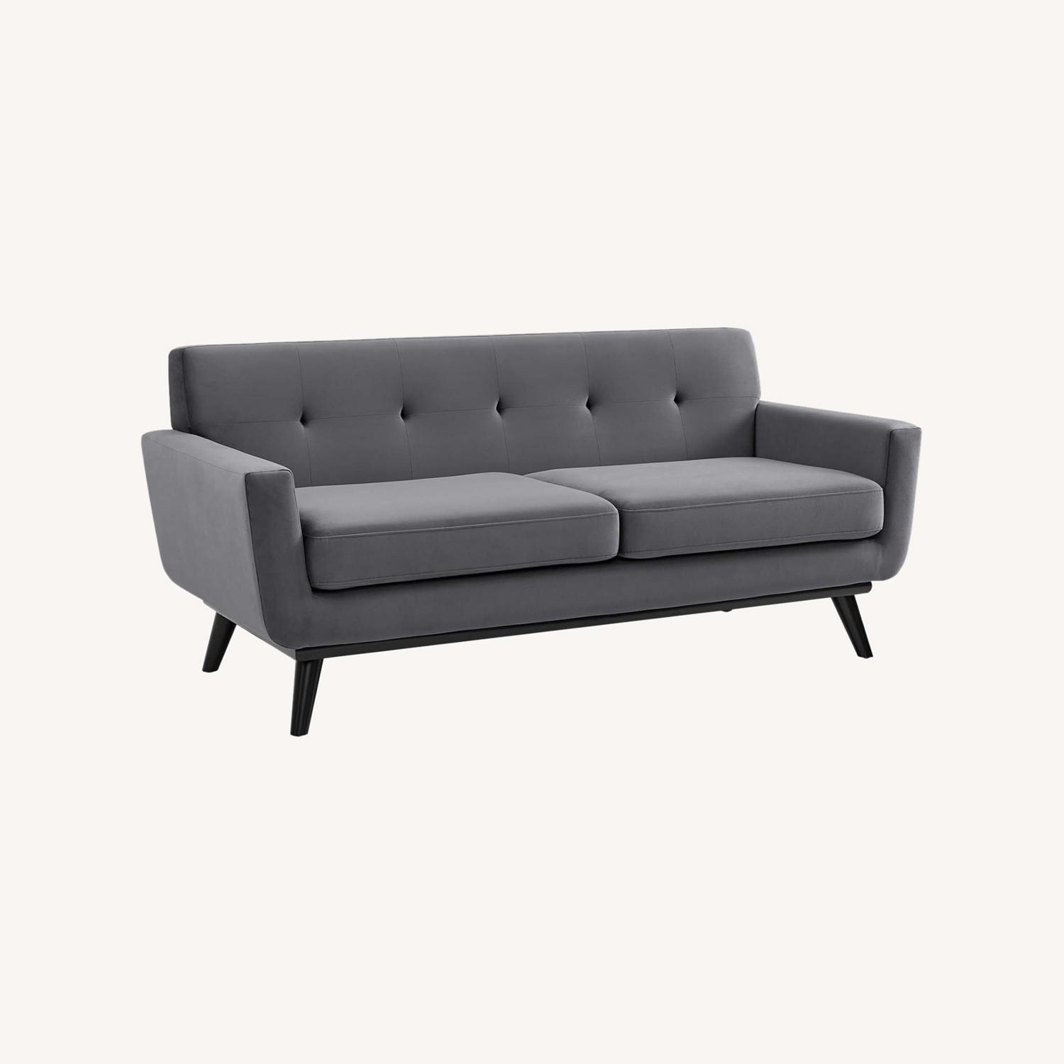 Loveseat In Grey Velvet With Tufted Buttons AptDeco