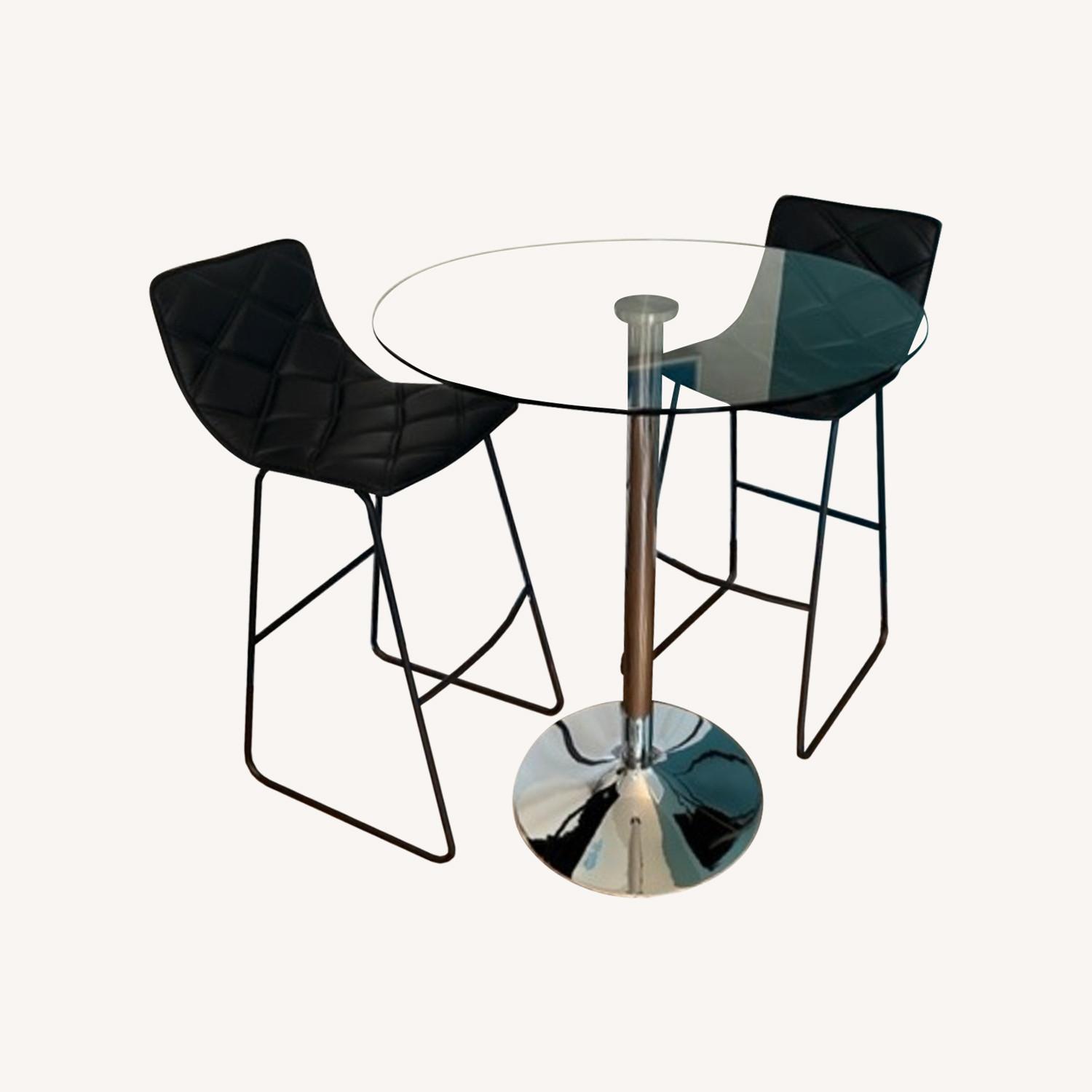 Glass Bistro Table and Two Comfy Black Chairs AptDeco