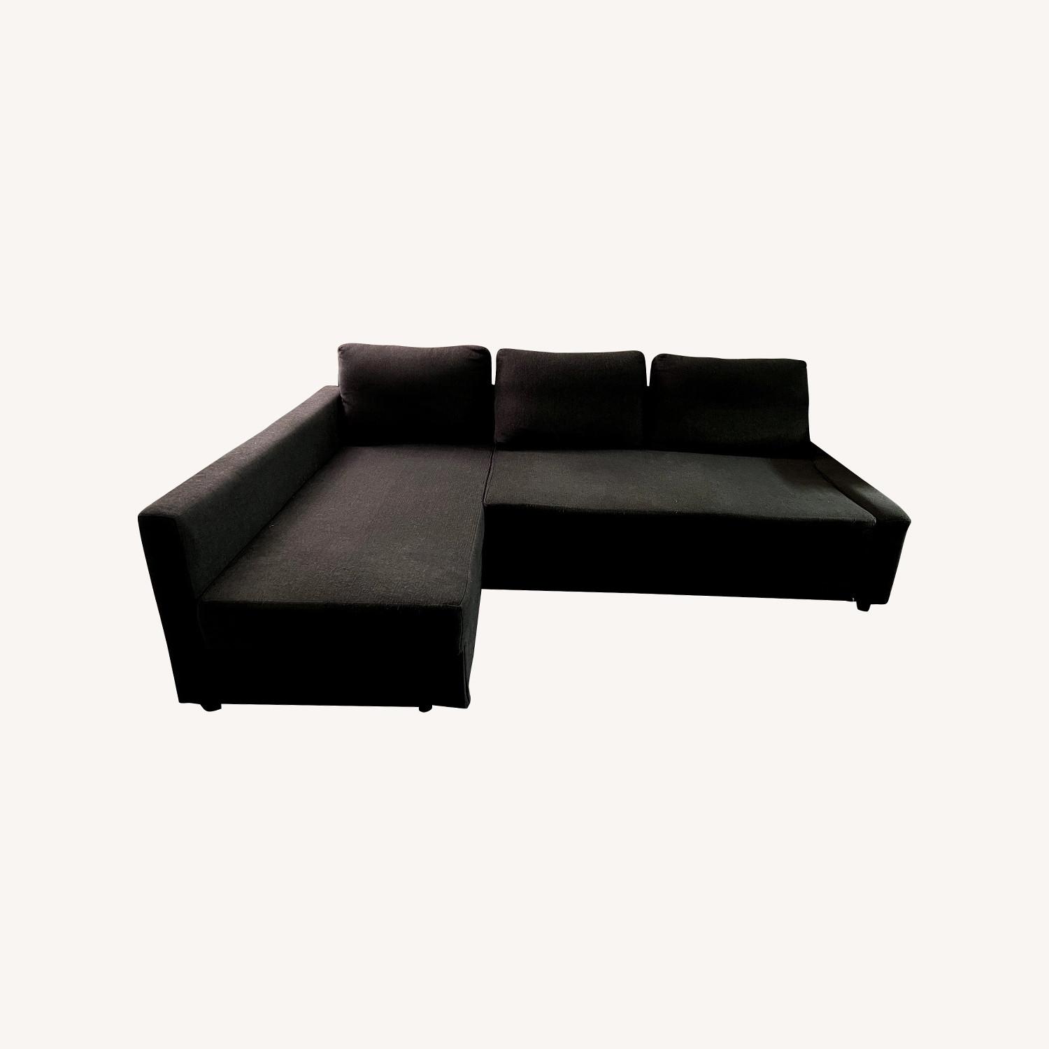 LS Modern Contemporary Black Sectional Sofa W/ Storage Ottoman & 2 Pillows
