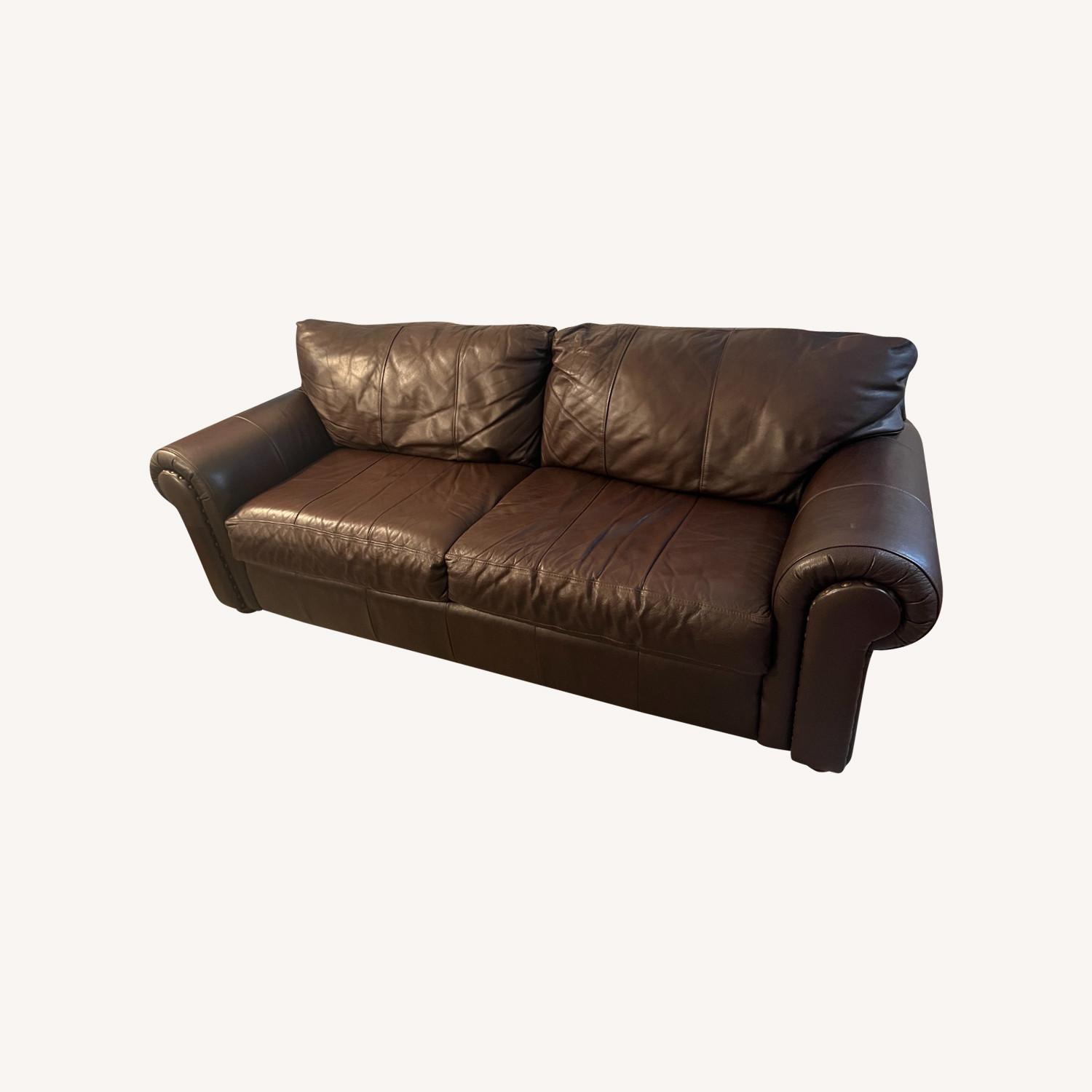 88" Genuine Espresso Leather Sofa w Stud Details - image-0