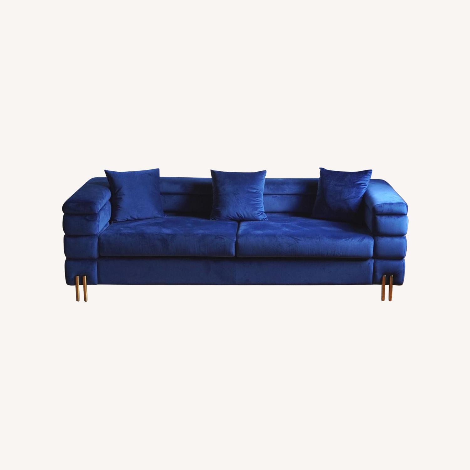 Modern Art Deco Royal Blue Velvet Sofa - image-3