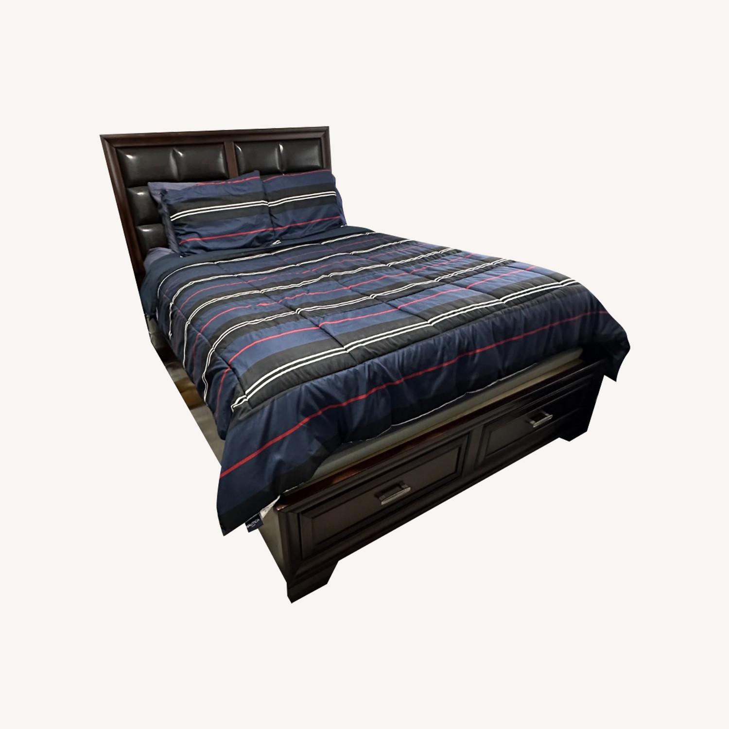 Dark Wood Queen Storage Bed with Headboard - image-0