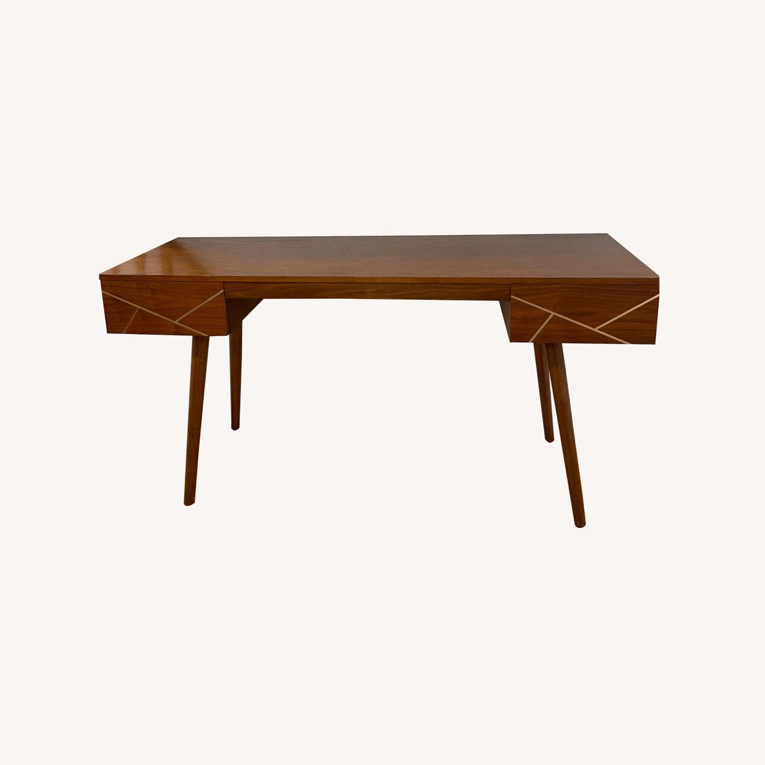 Mid Century Desk in Walnut Wood Gold 2 Drawers - AptDeco